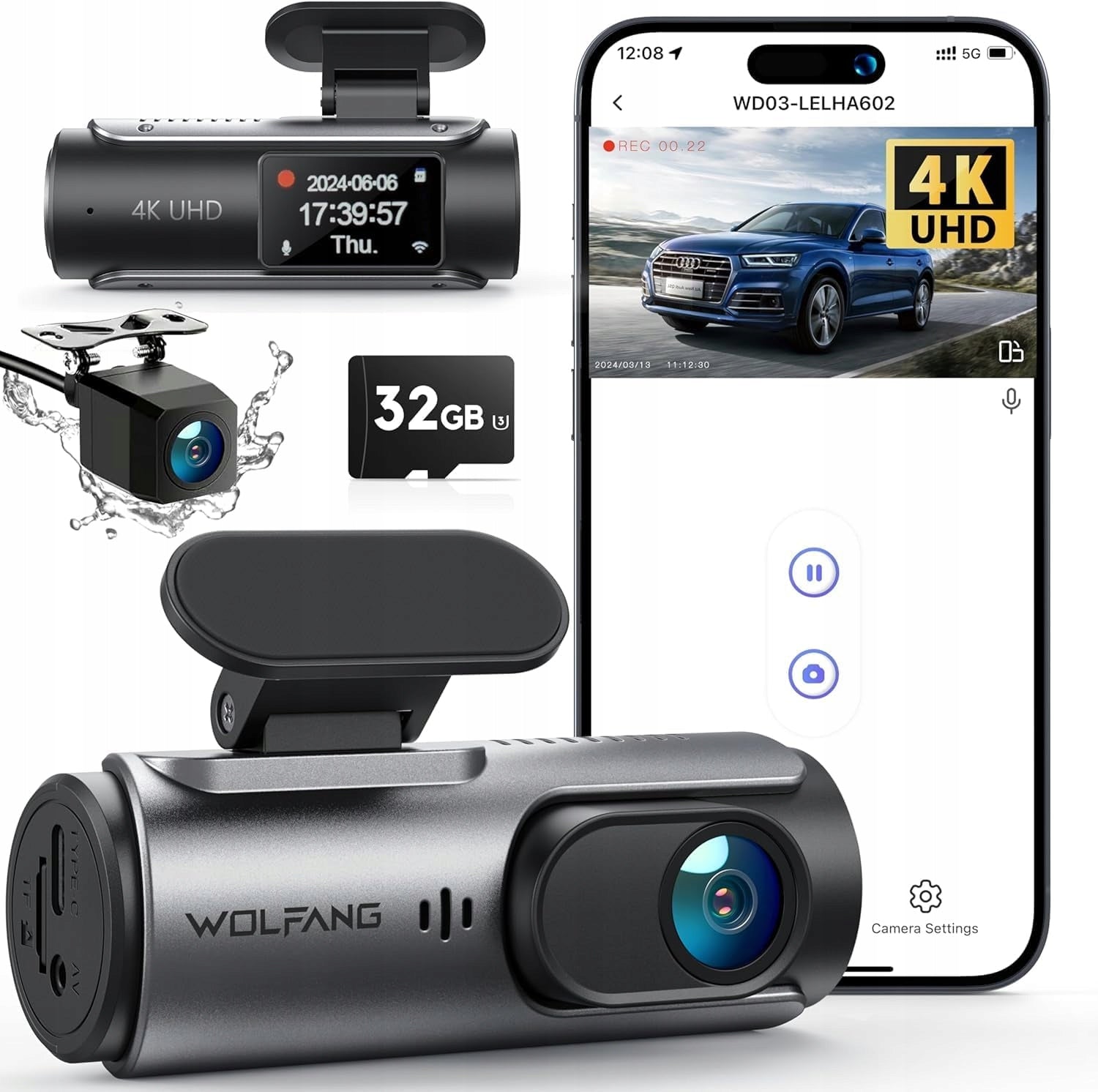 4K WIFI CAR CAMERA FRONT REAR 32GB