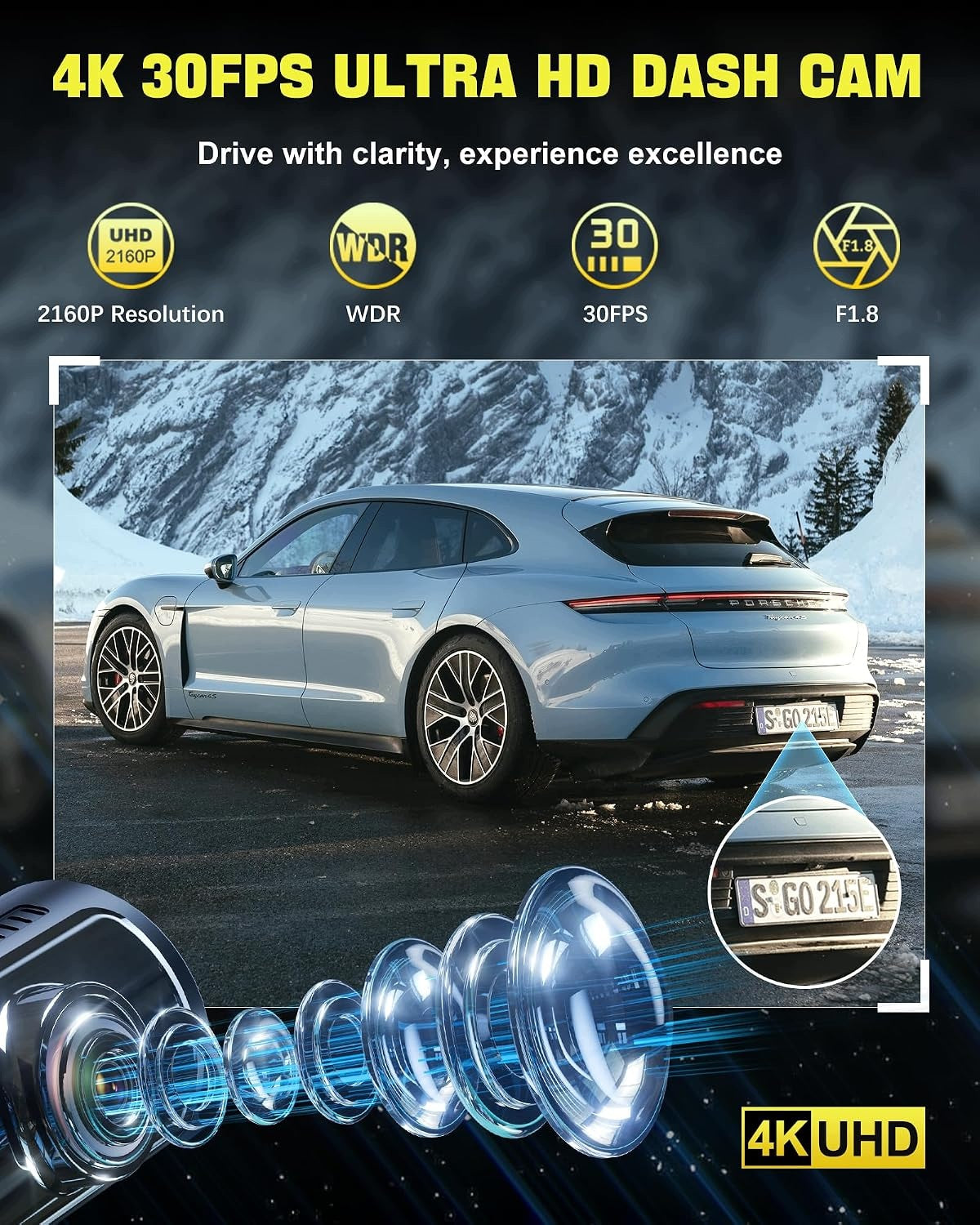 4K WiFi Car Camera Front Rear 64GB UHD 170° G-Sensor Kit Manufacturer code 02B-001-145