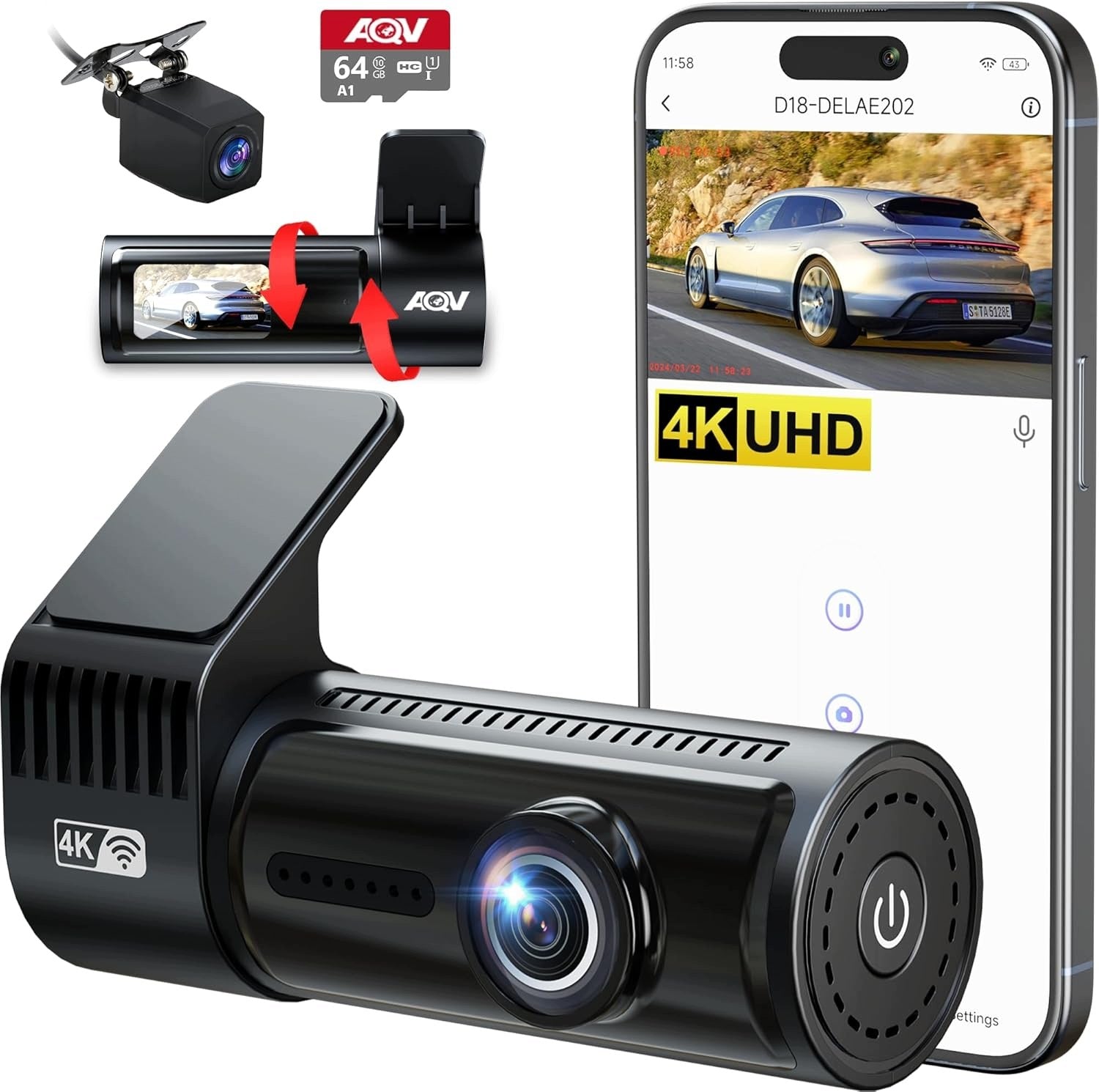 4K WiFi Car Camera Front Rear 64GB UHD 170° G-Sensor Kit