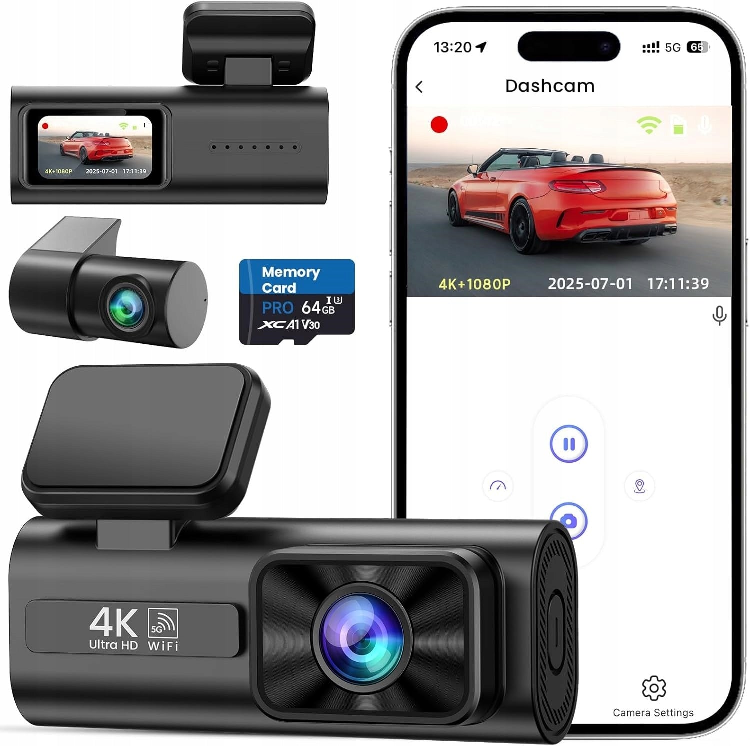 4K front and rear car camera with Wi-Fi and app