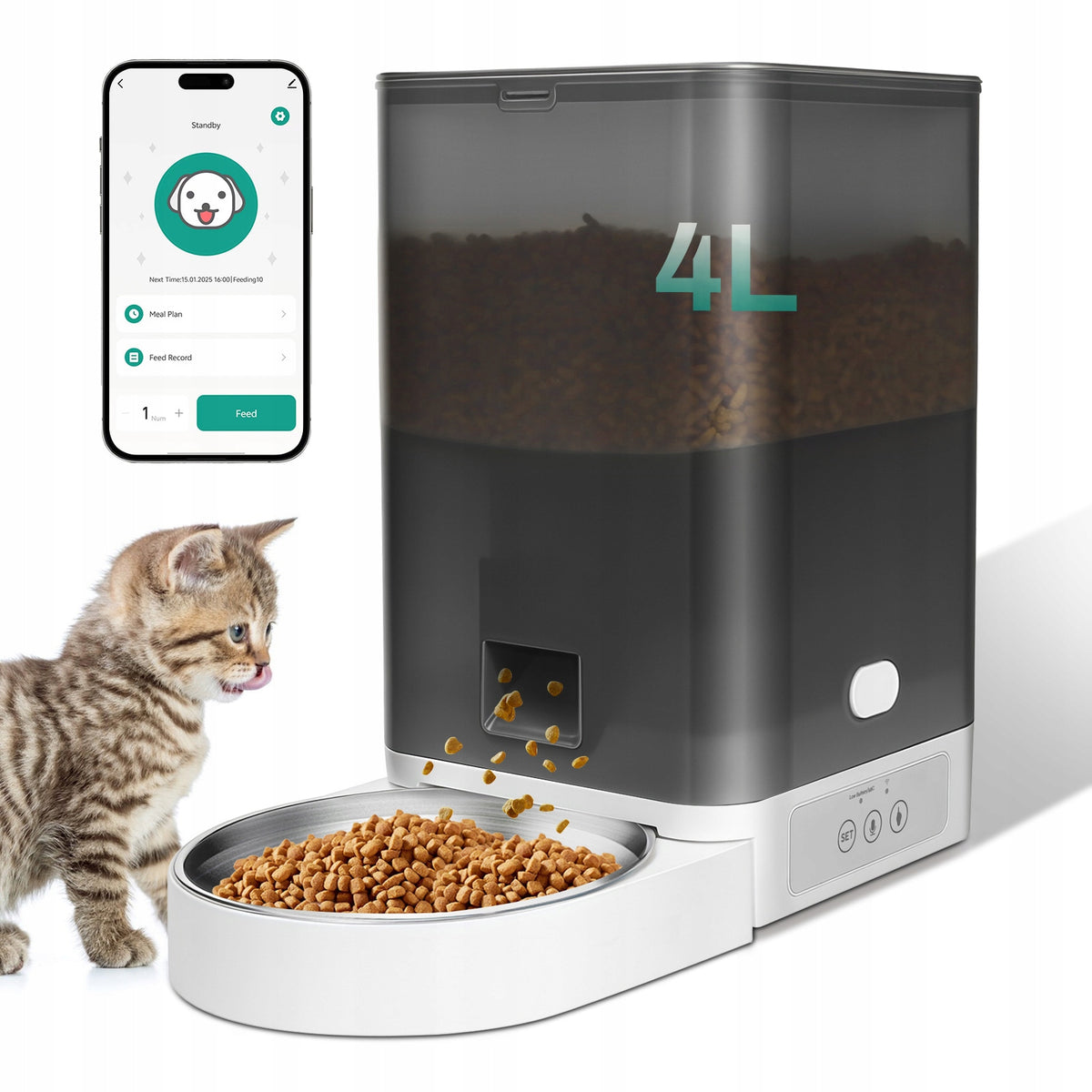 4L WiFi Cat Feeder Voice Recorder APP Control for Cats Dogs Dry Food Grey