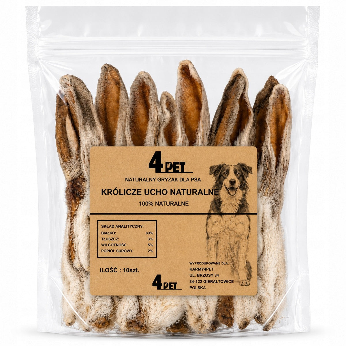 4PET Rabbit Ear with Fur Natural 10pcs