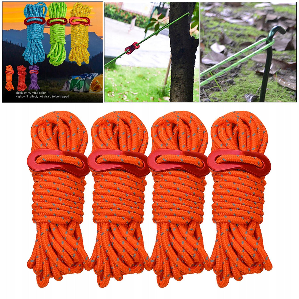 4Pack Reflective Trip Guy Line Tent Awning Gazebo Rope Cord Orange Packaging status original