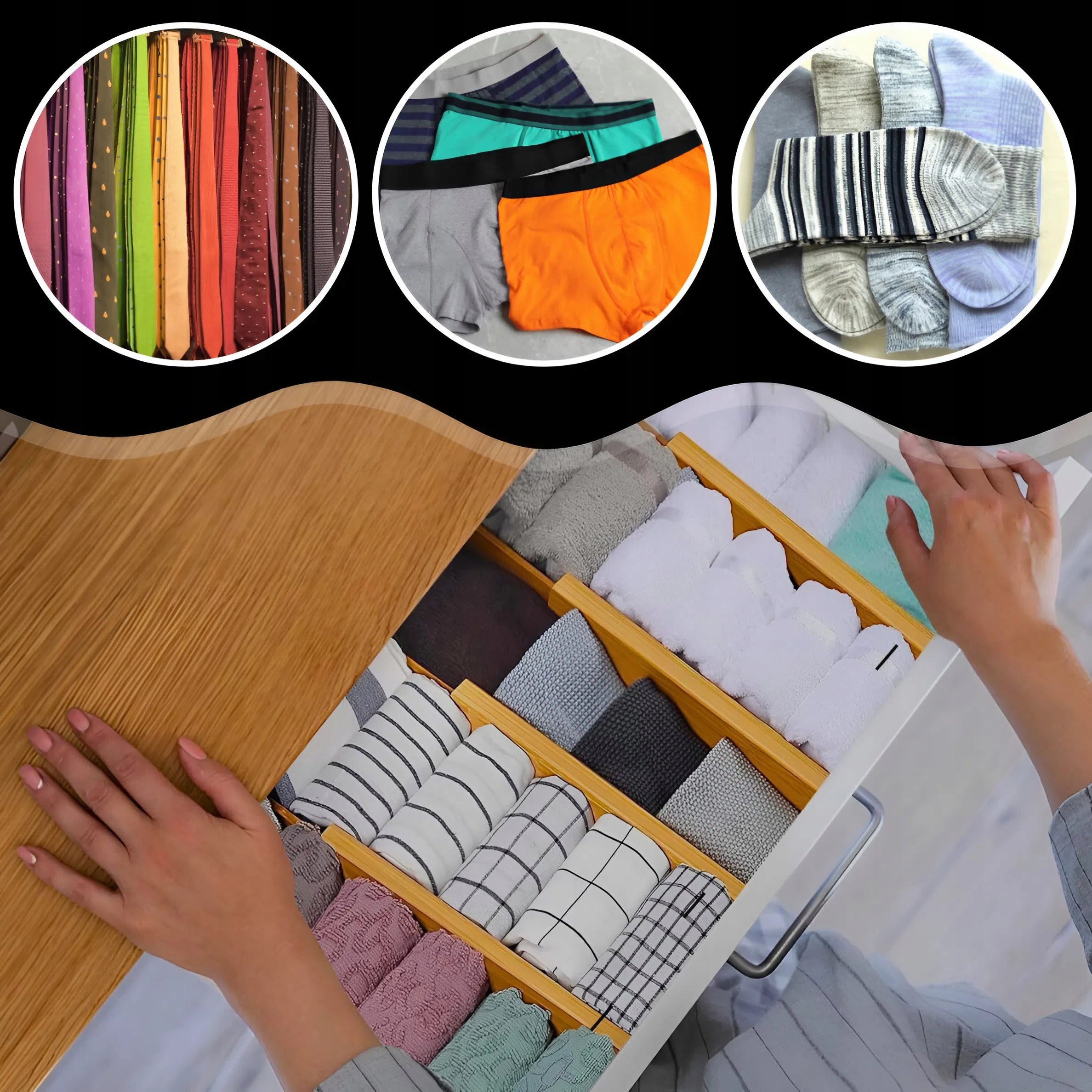 4X DRAWER ORGANIZER COMPARTMENTS BAMBOO SEPARATOR PARTITION SET Kind drawer organizer