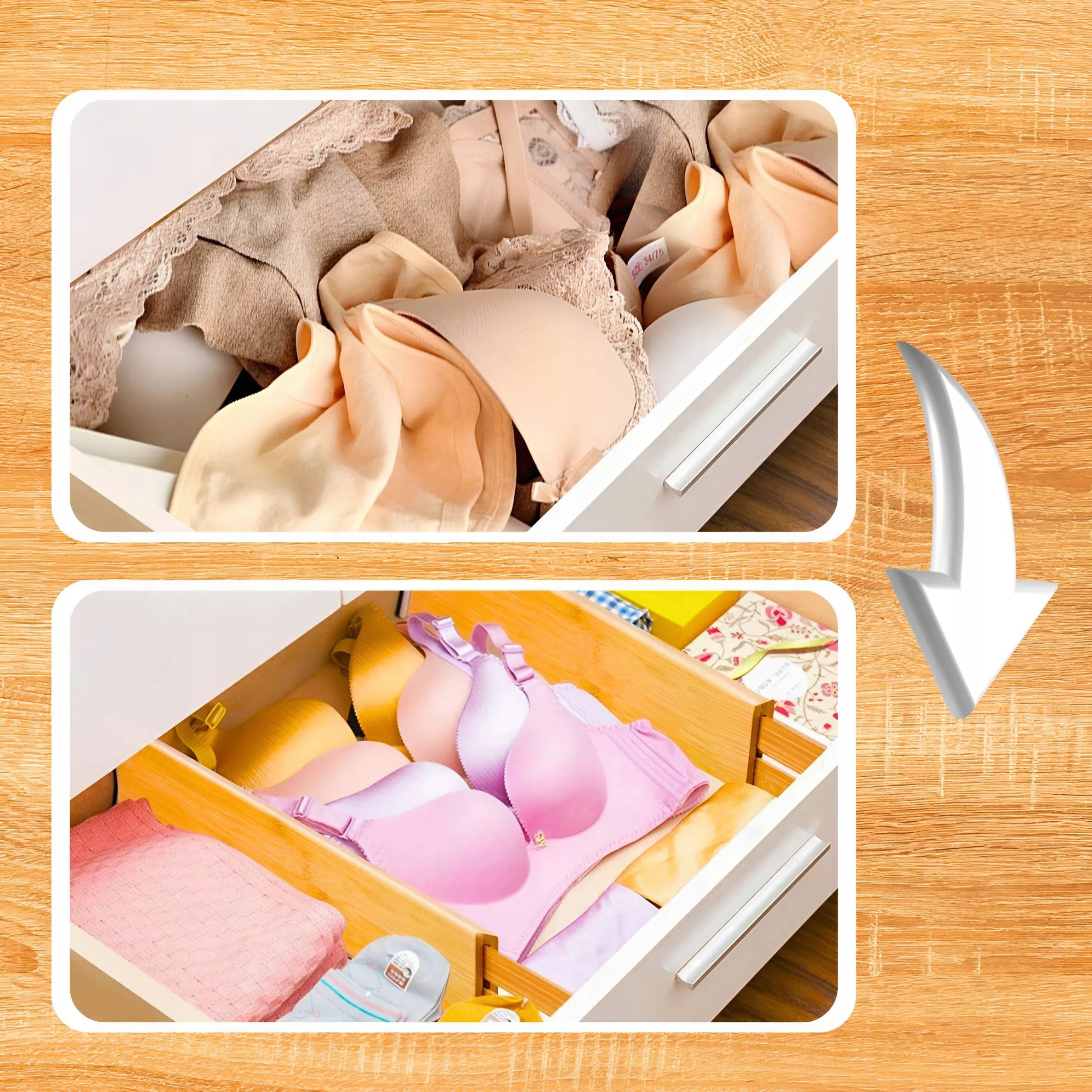 4X DRAWER ORGANIZER COMPARTMENTS BAMBOO SEPARATOR PARTITION SET Length 56.5 cm