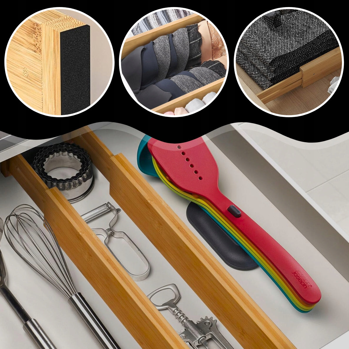 4X DRAWER ORGANIZER COMPARTMENTS BAMBOO SEPARATOR PARTITION SET Product height 6 cm