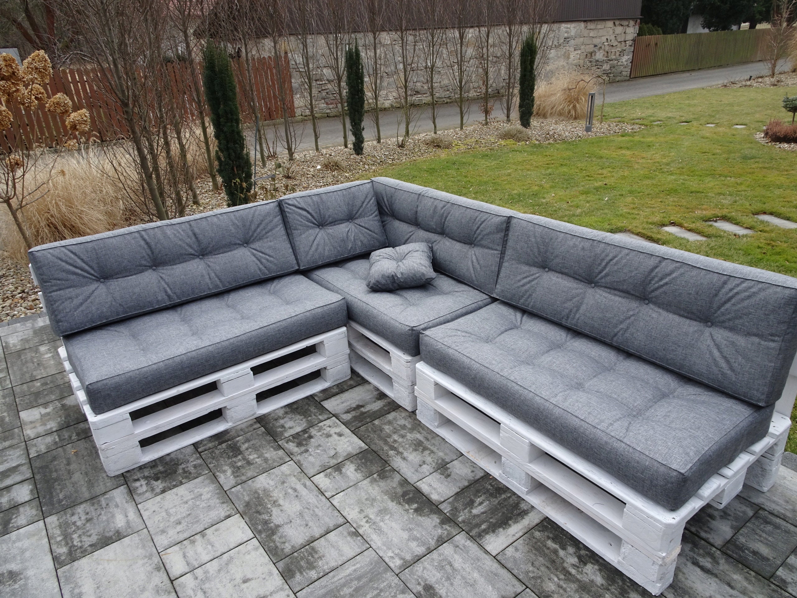 Paletės baldų pagalvėlių komplektas, 8 vnt., 120 x 60 cm, pilka, tiesine atlošo dalimi