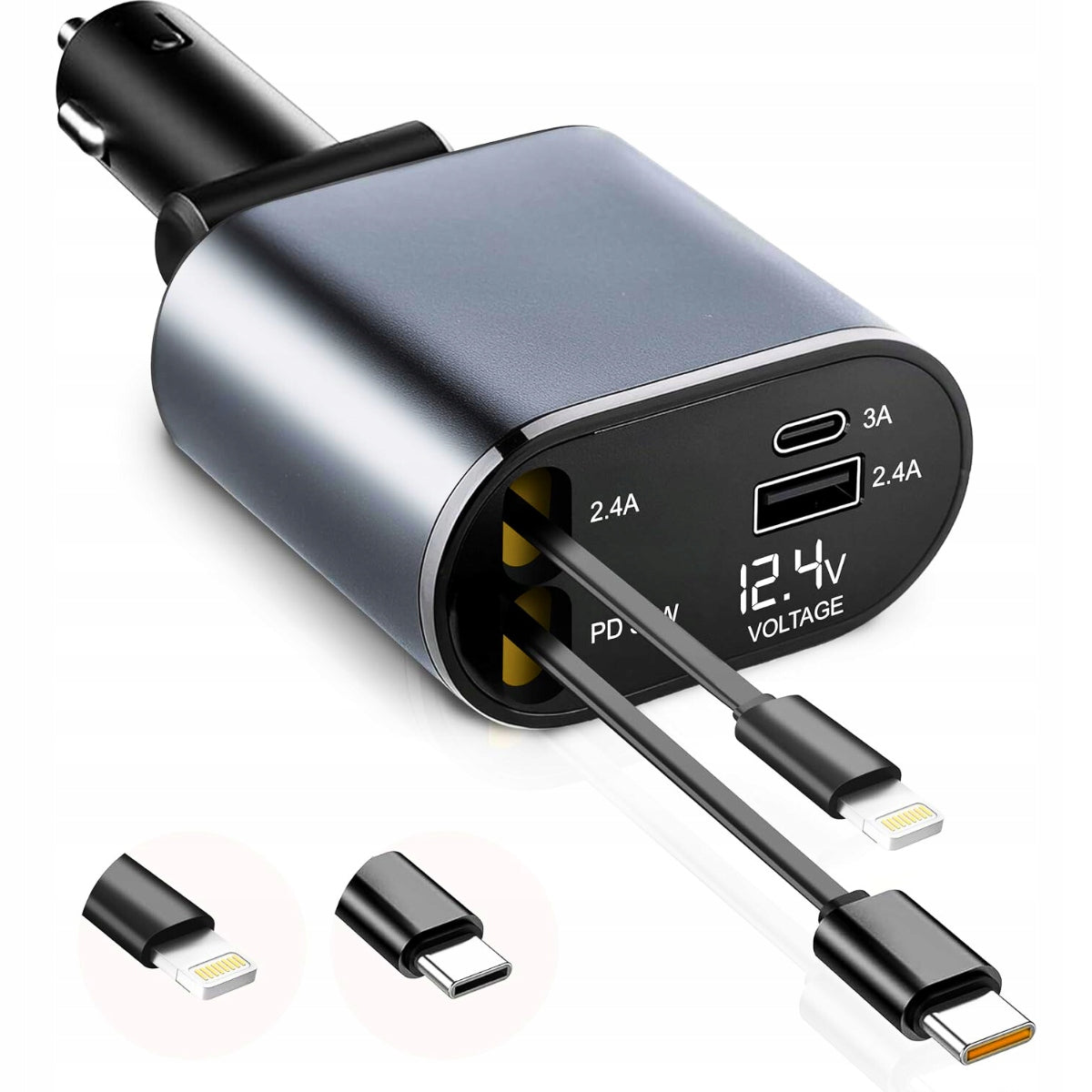 4in1 CAR CHARGER RETRACTOR 120W FAST CHARGING USB C LIGHTNING Manufacturer code ŁADOWARKA KABEL 4w1 USB-C LIGHTNING USB QC