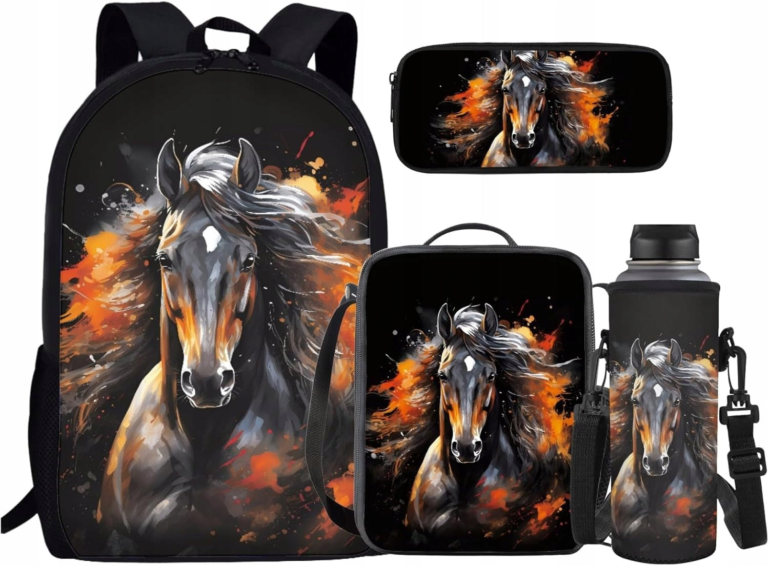 4pcs Horse Children School Backpack for Girls Cool Horse Kids Bookbag with