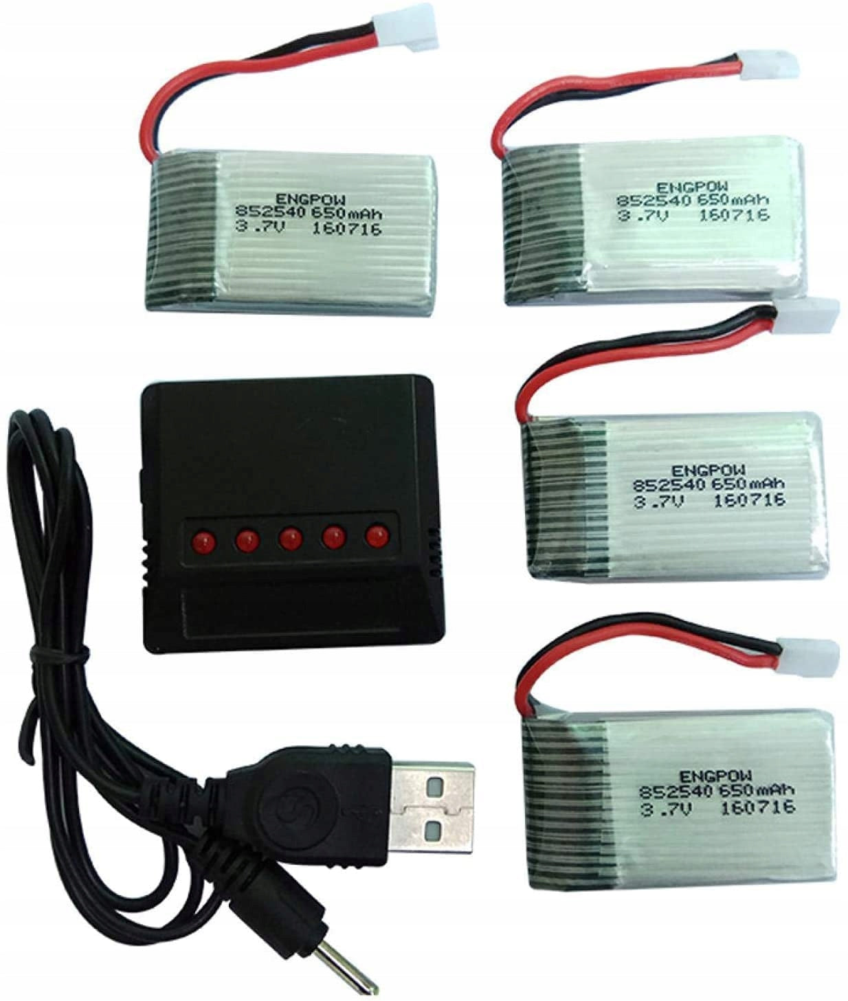 4-teiliger Akku Syma Drone x5C X5 3,7 V 650 mAh 25 C Advanced Lipo + 4-in-1-Ladegerät 