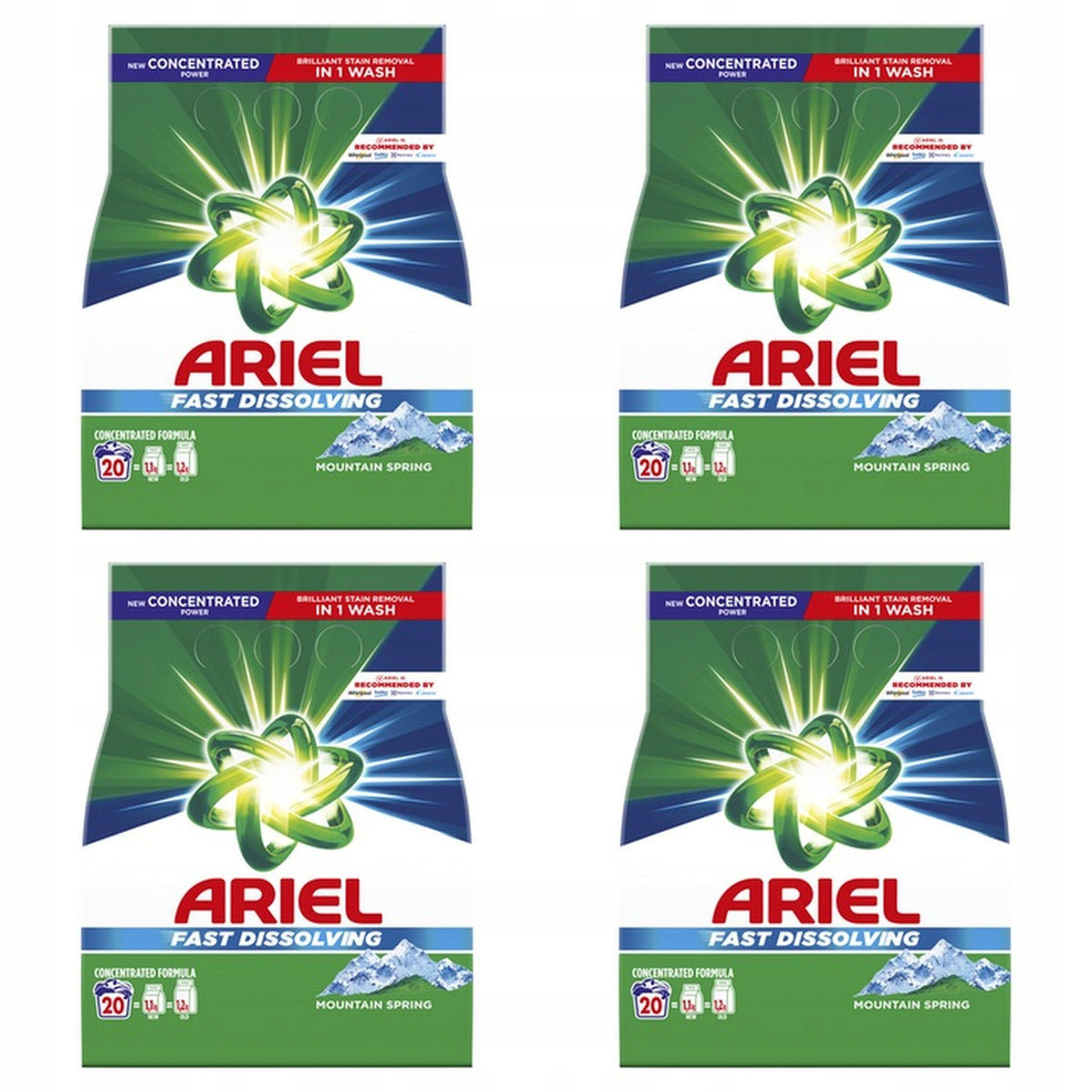 4x 1100g Ariel Fast Dissolving Mountain Spring Washing Powder 20 Washes