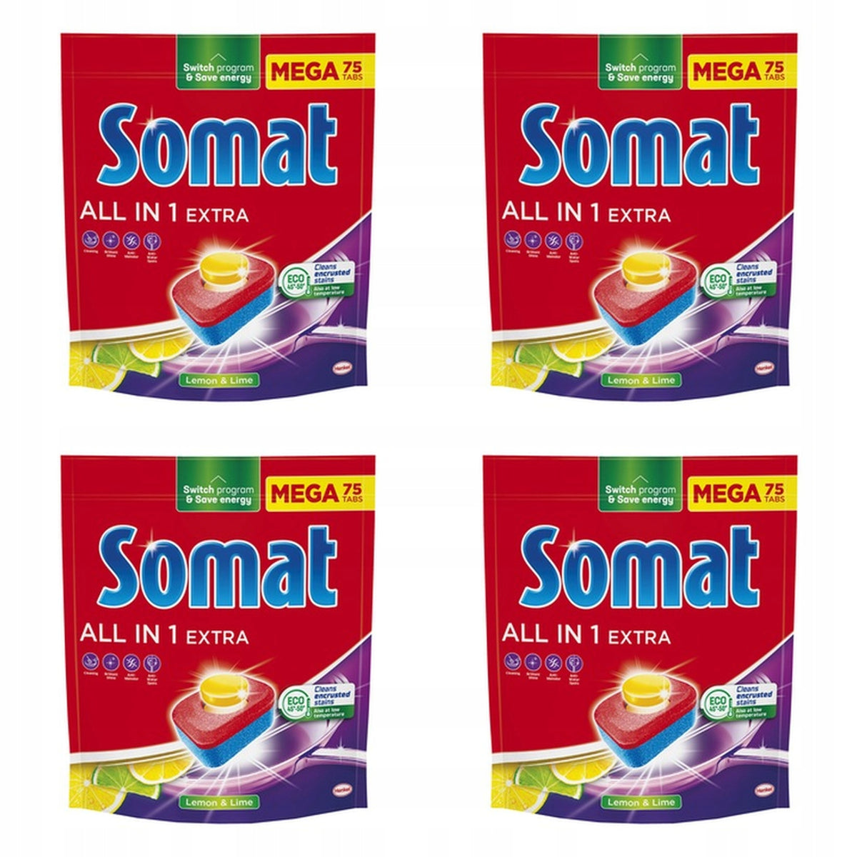 4x 1245g Somat All in One Extra Lemon Tablets 75pcs