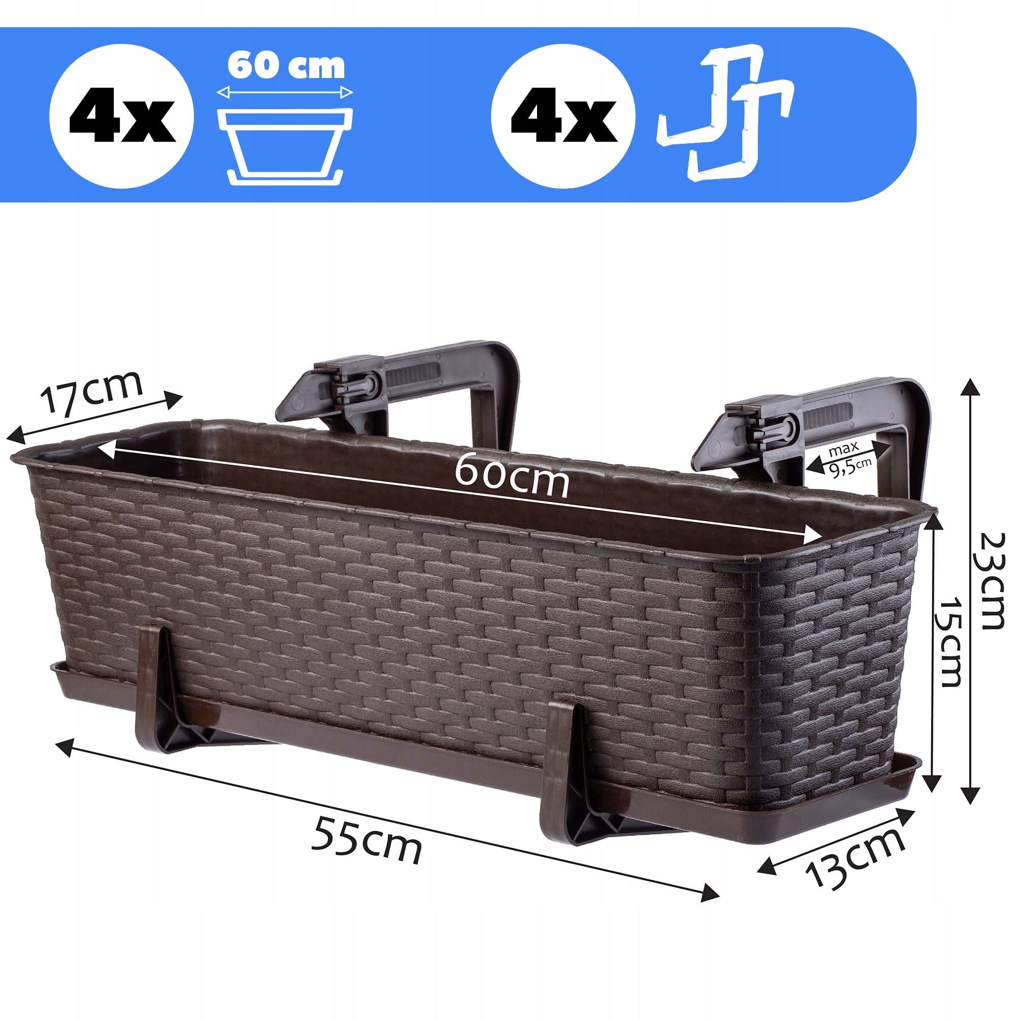 4x BALCONY BOX 60 cm FLOWER POT RATTAN BOXES HANDLES STAND BROWN Manufacturer code K8210