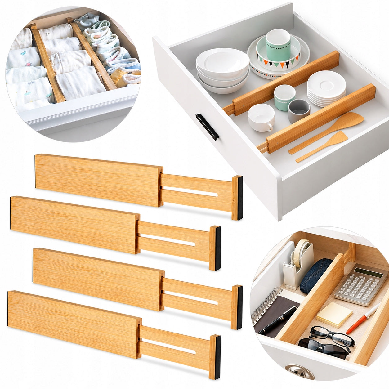 4x DRAWER ORGANIZER COMPARTMENT SEPARATOR BAMBOO COMPARTMENTS