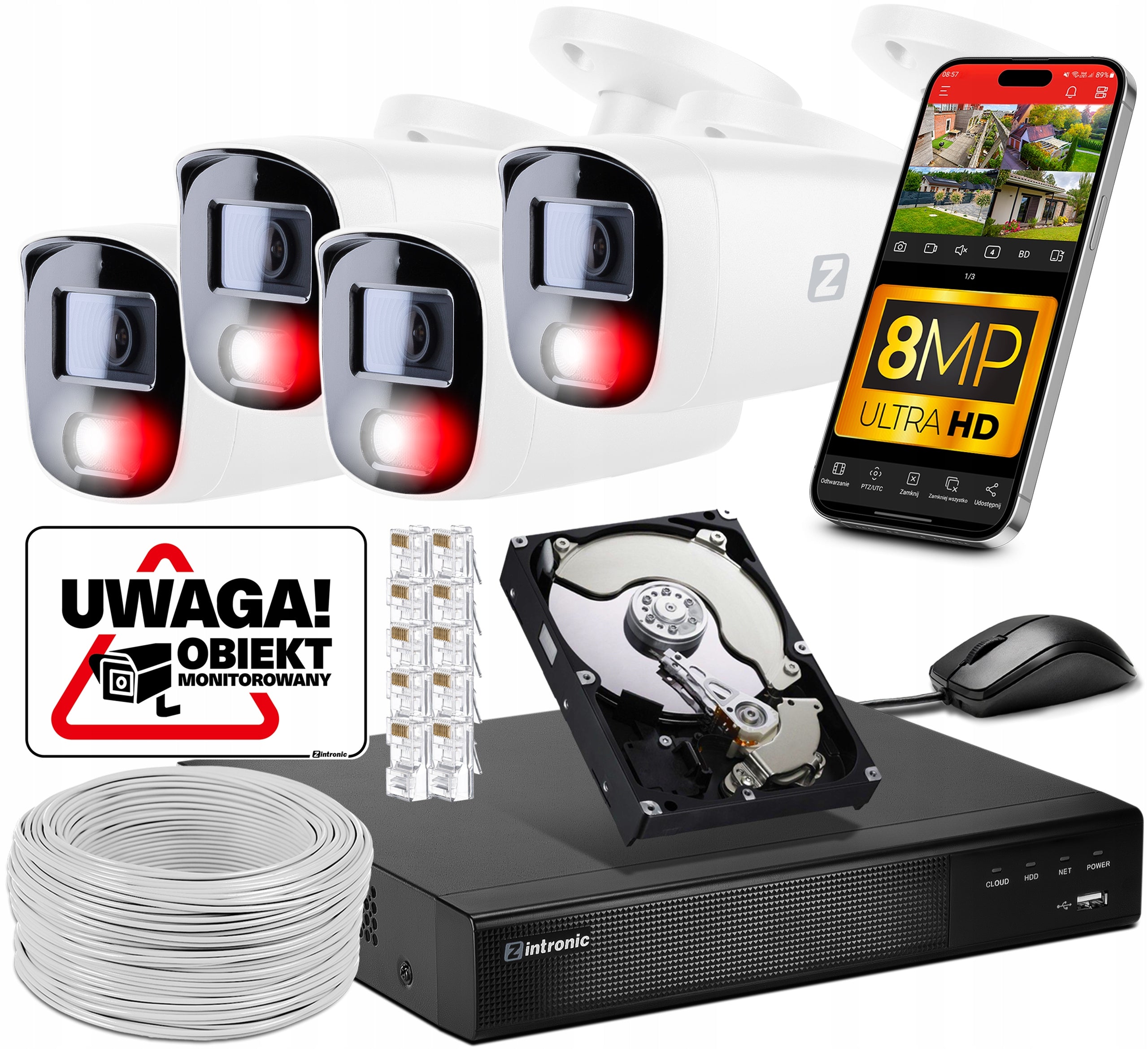 4x Monitoring Kit 4K Camera 8MPx POE | Recorder | Audio | Detection