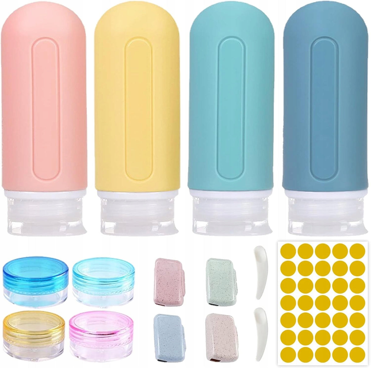 4x SILICONE TRAVEL BOTTLES FOR COSMETICS GEL BALM LABELS UNIVERSAL