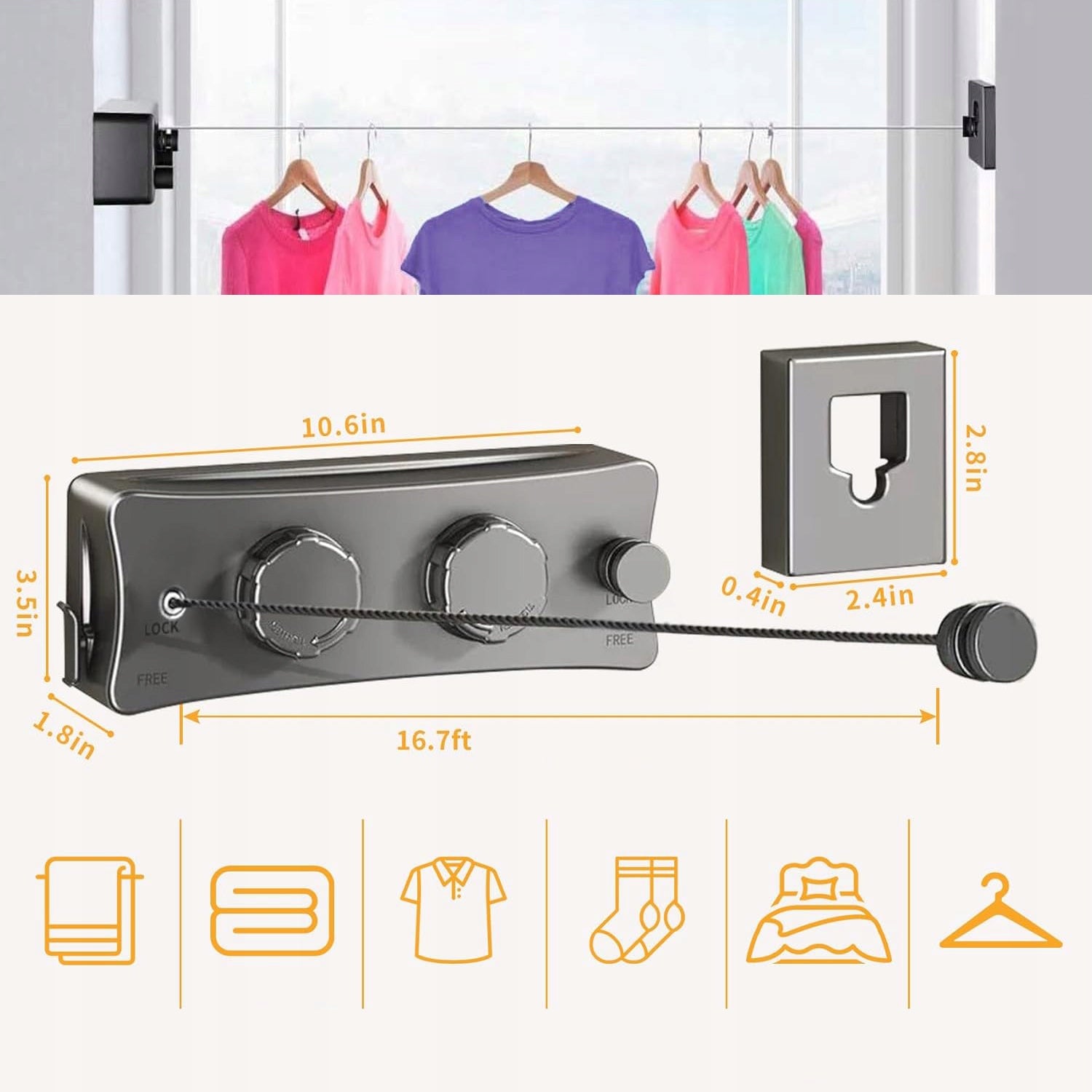 5.1M EXTENDABLE LAUNDRY LINE WITH ROTARY DRYING TENSIONER DOUBLE DRAWING Kind Balcony