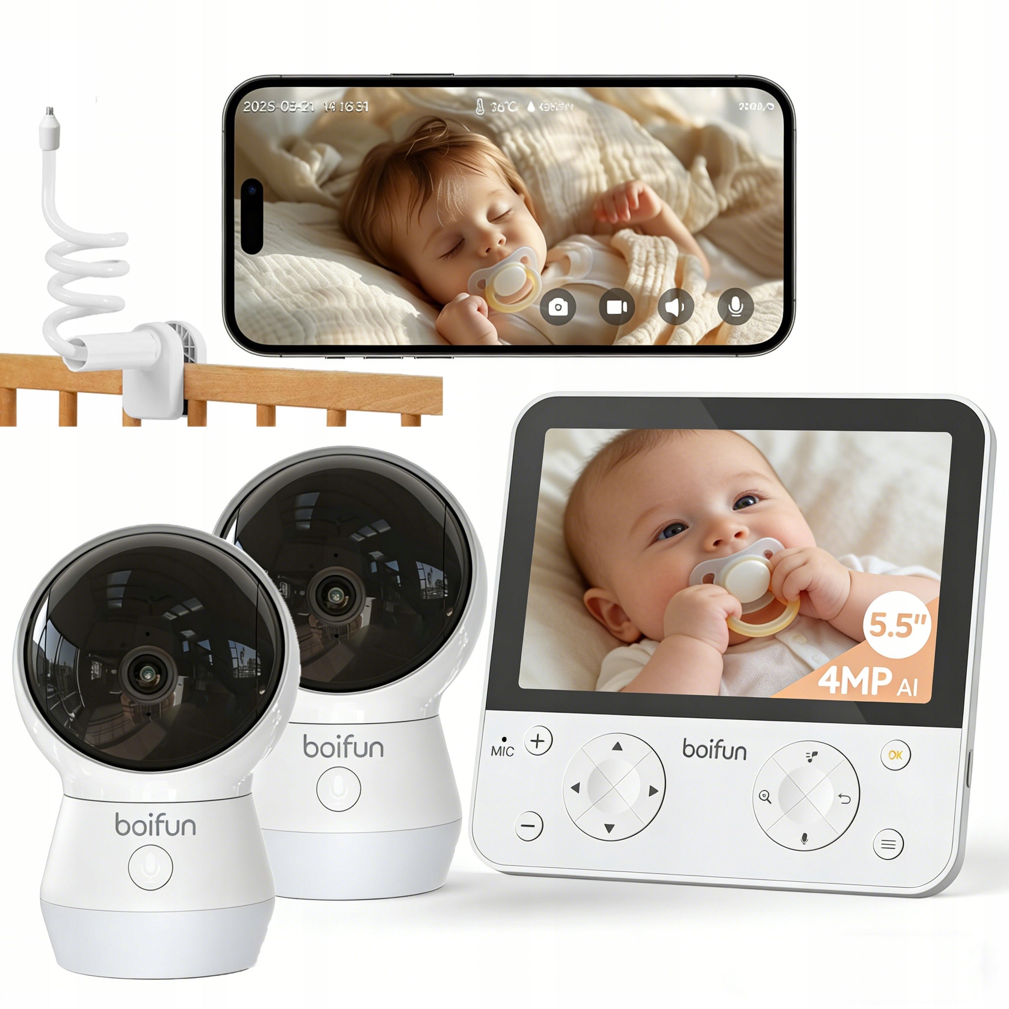 5,5" 2K Baby Monitor with Split Screen and 2 Cameras Night Vision