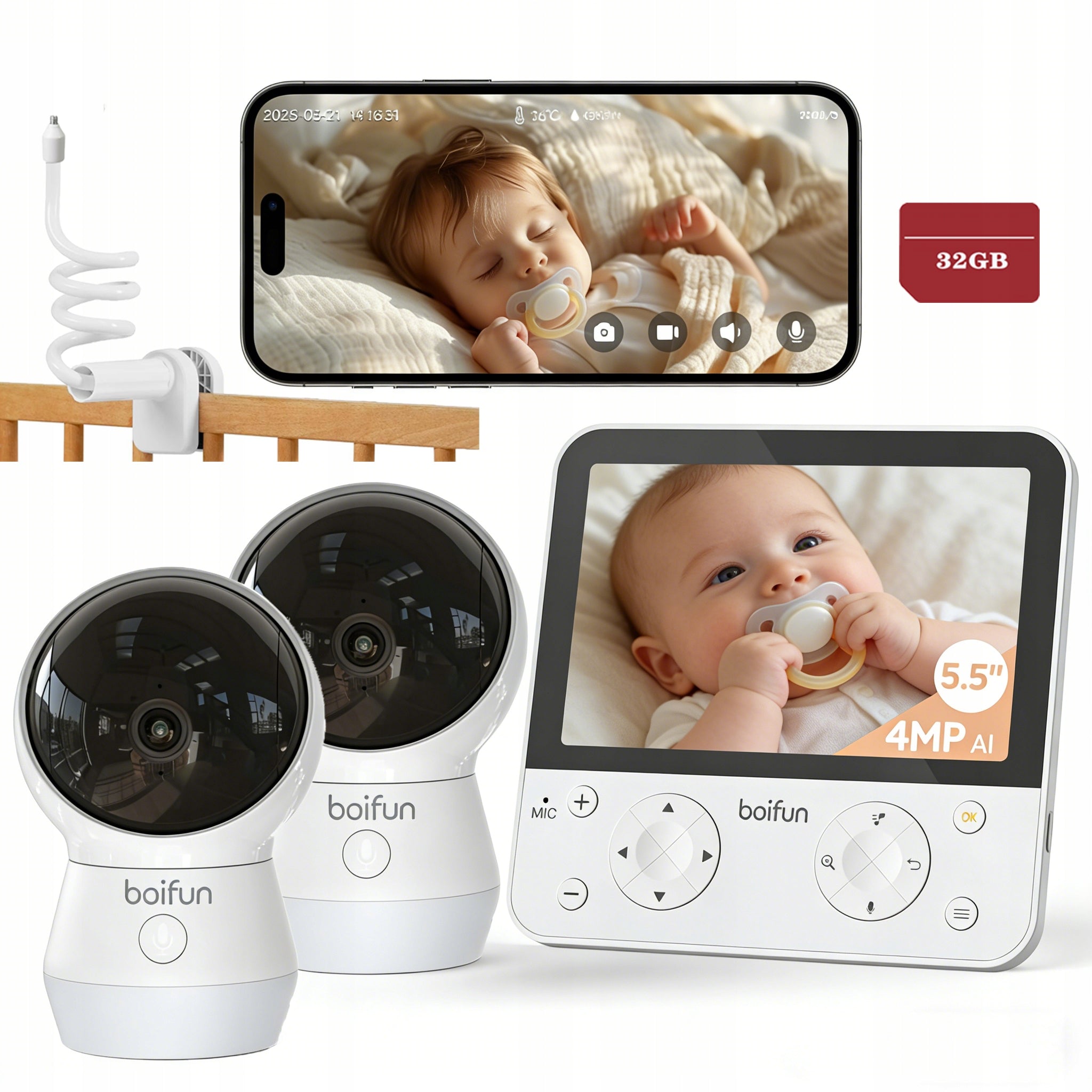 5,5" Split Screen Baby Monitor with 2 PTZ 4x Zoom Cameras