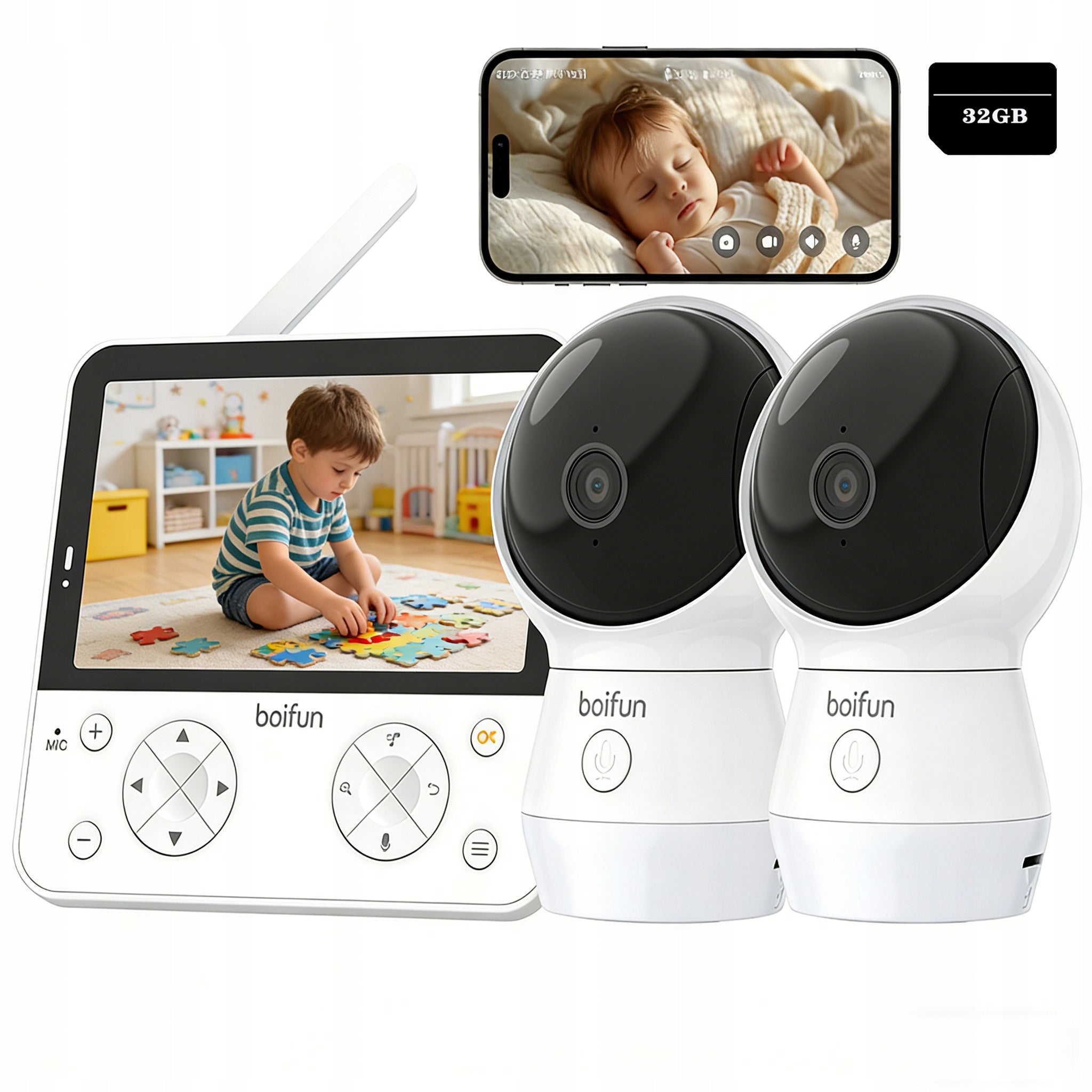 5,5" split screen baby monitor with 2 cameras with 32GB card