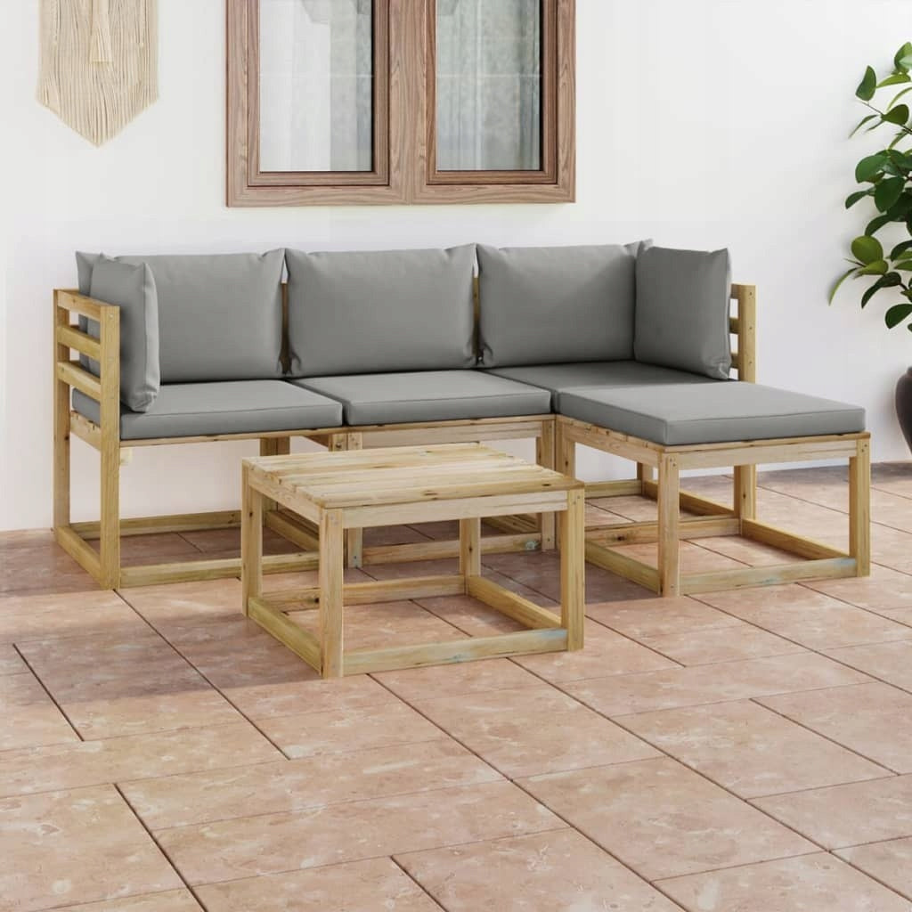 Gartenmöbel-Set mit grauen Kissen, 5-teilig, braun 