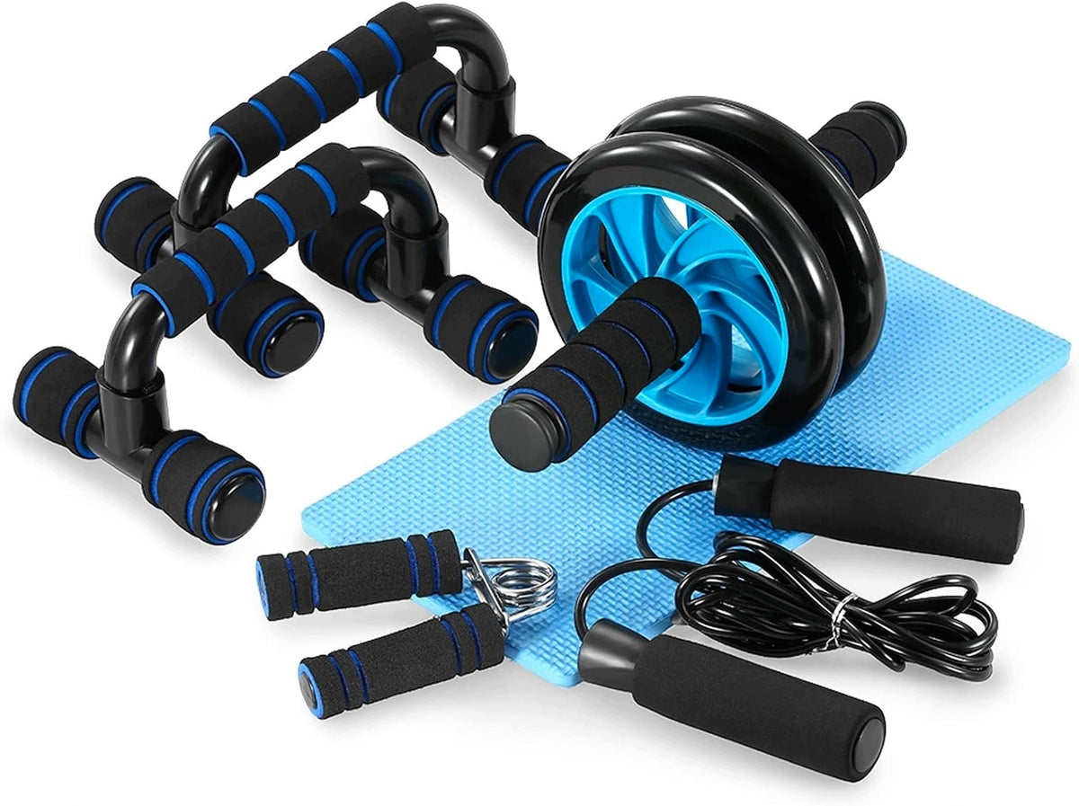 5-IN-1 FITNESS SET FOR EXERCISE ROLLER AB AND PUSHUP BAR BLUE