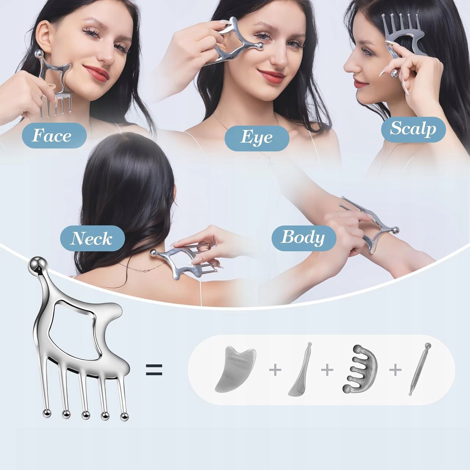 5 IN 1 GUA SHA PLATE MASSAGER FOR FACE MASSAGE SCALP STAINLESS STEEL Manufacturer code ZGEER LKBYVUBI