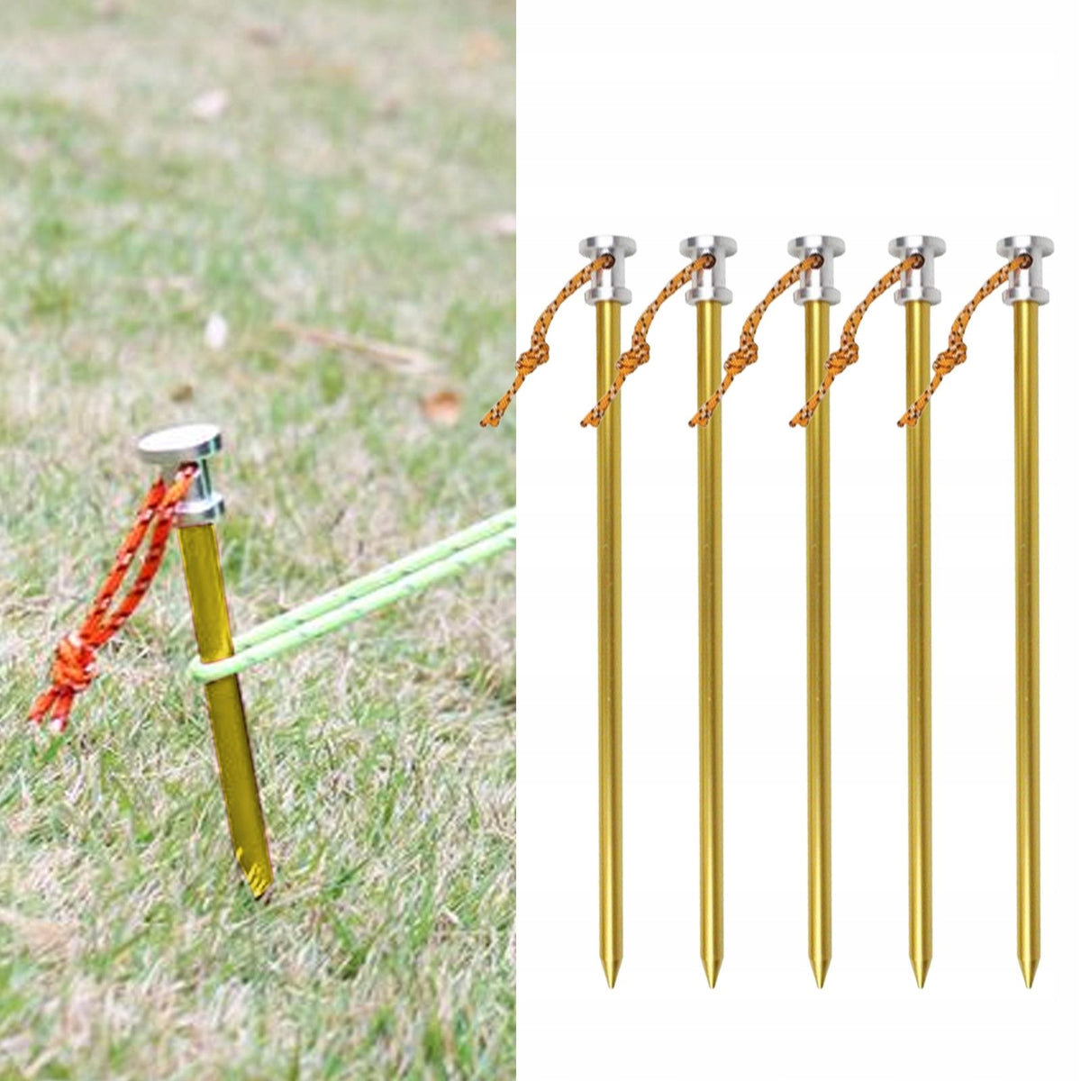 5 Pieces Screw in Tent Stakes with Rope Steel Pegs Tent Nails Sturdy Golden