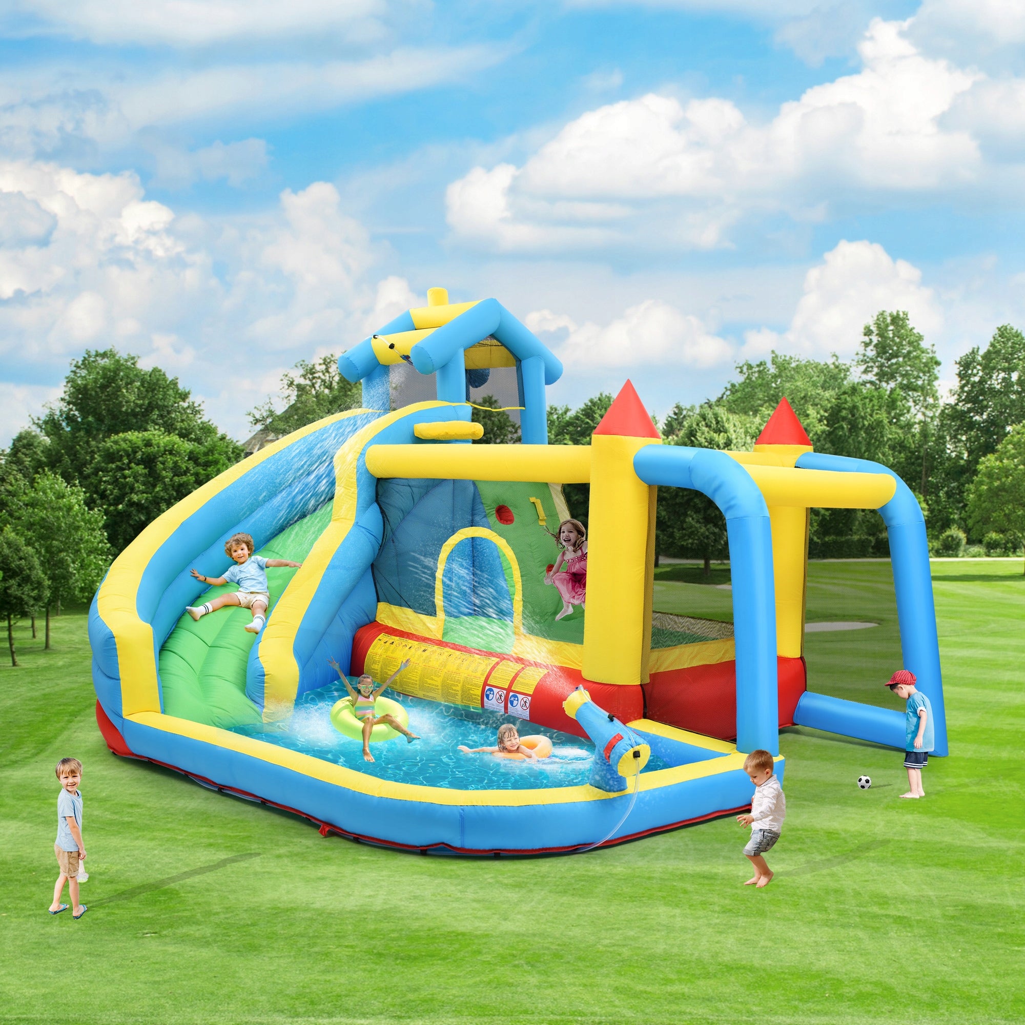 5-in-1 Inflatable Castle with Slide, Pool and Football Net