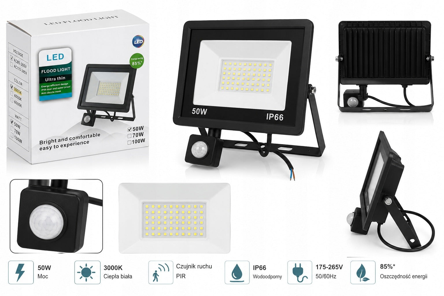 50W LED Floodlight With PIR Motion Sensor IP66 3000K Warm White 230V Manufacturer code 301040H