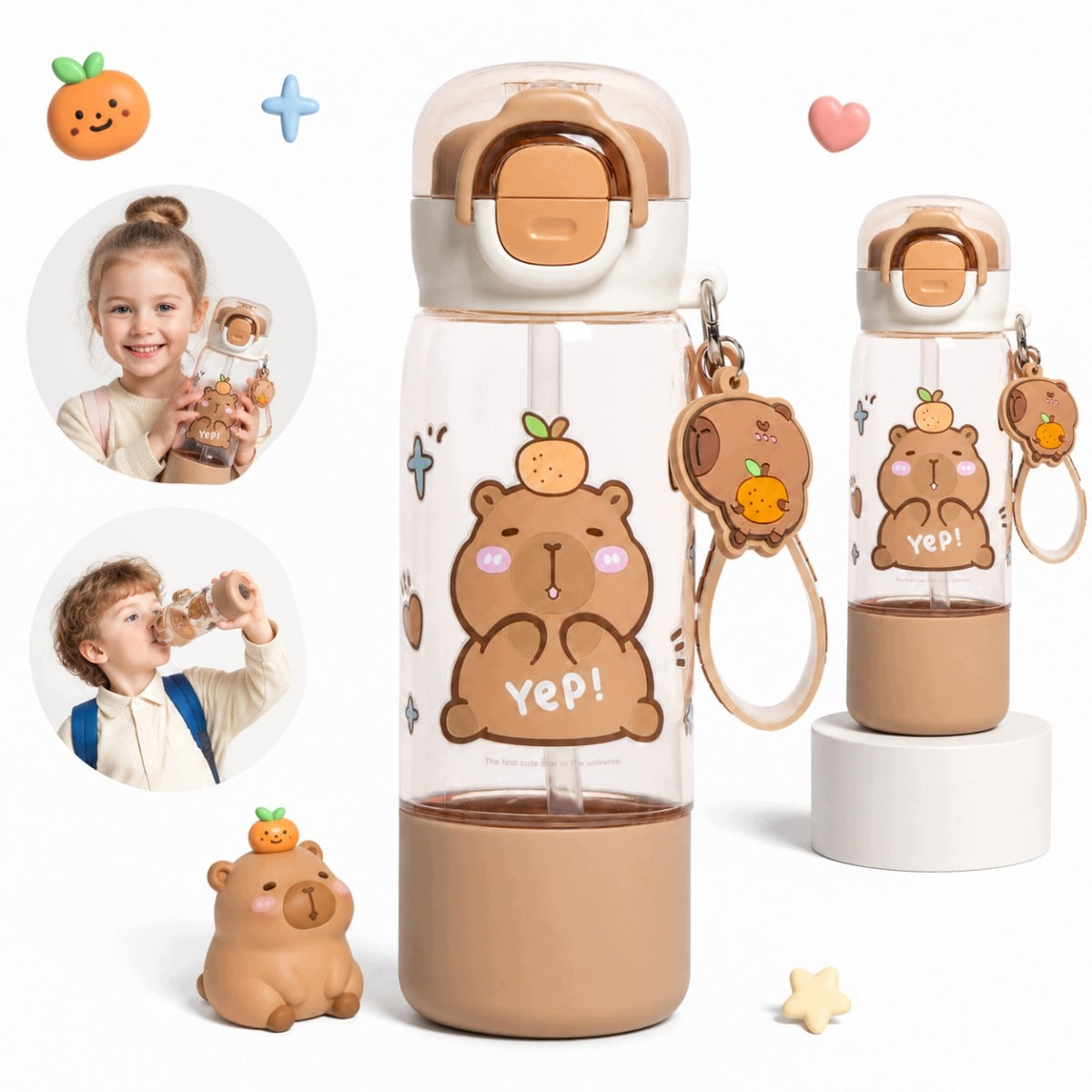 510ml Capybara Water Bottle with Lock, Soft Straw Spout, Cup, Sippy Bottle