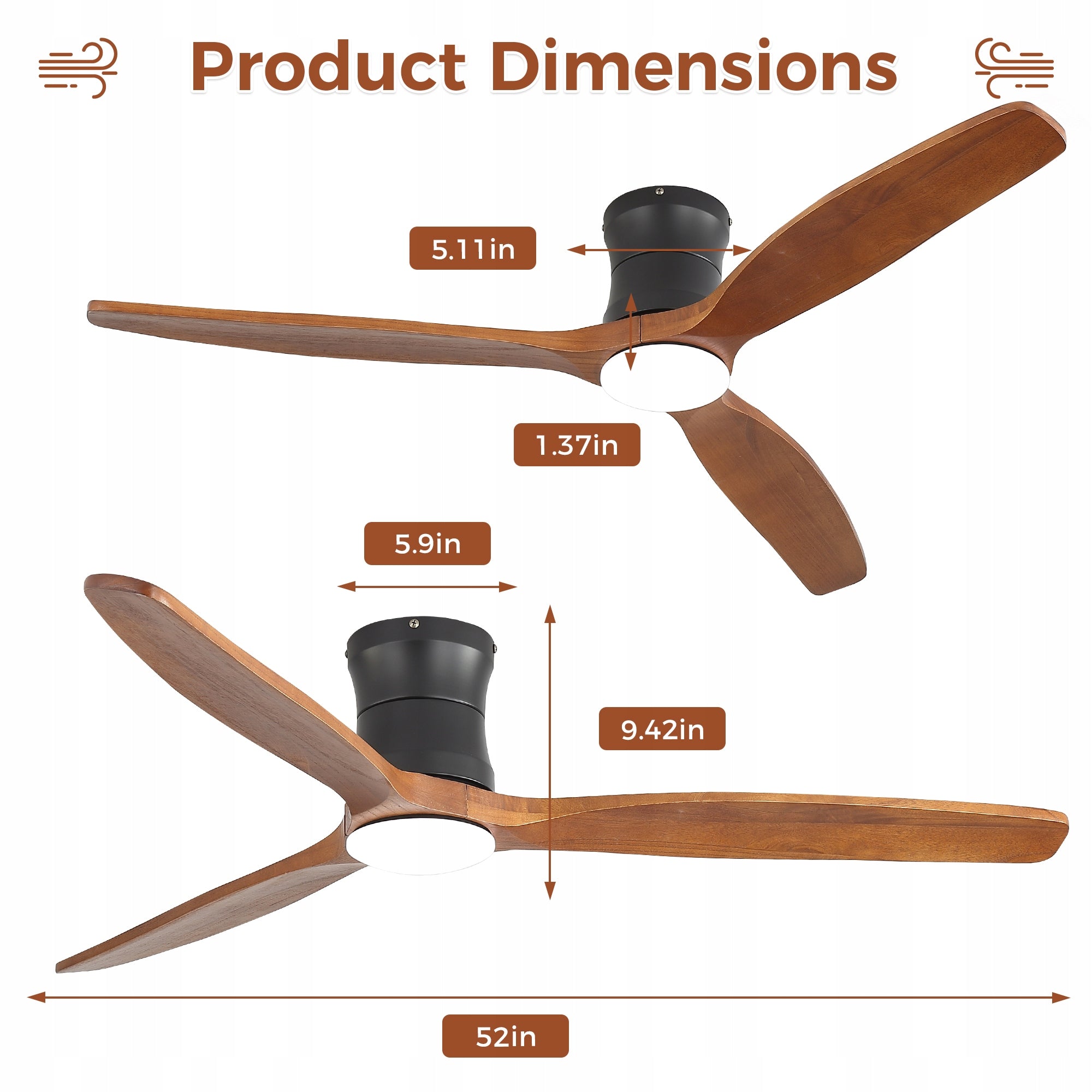 52 Inch Ceiling Fan with Lighting, 3 Solid Wood Blades Dominant color black