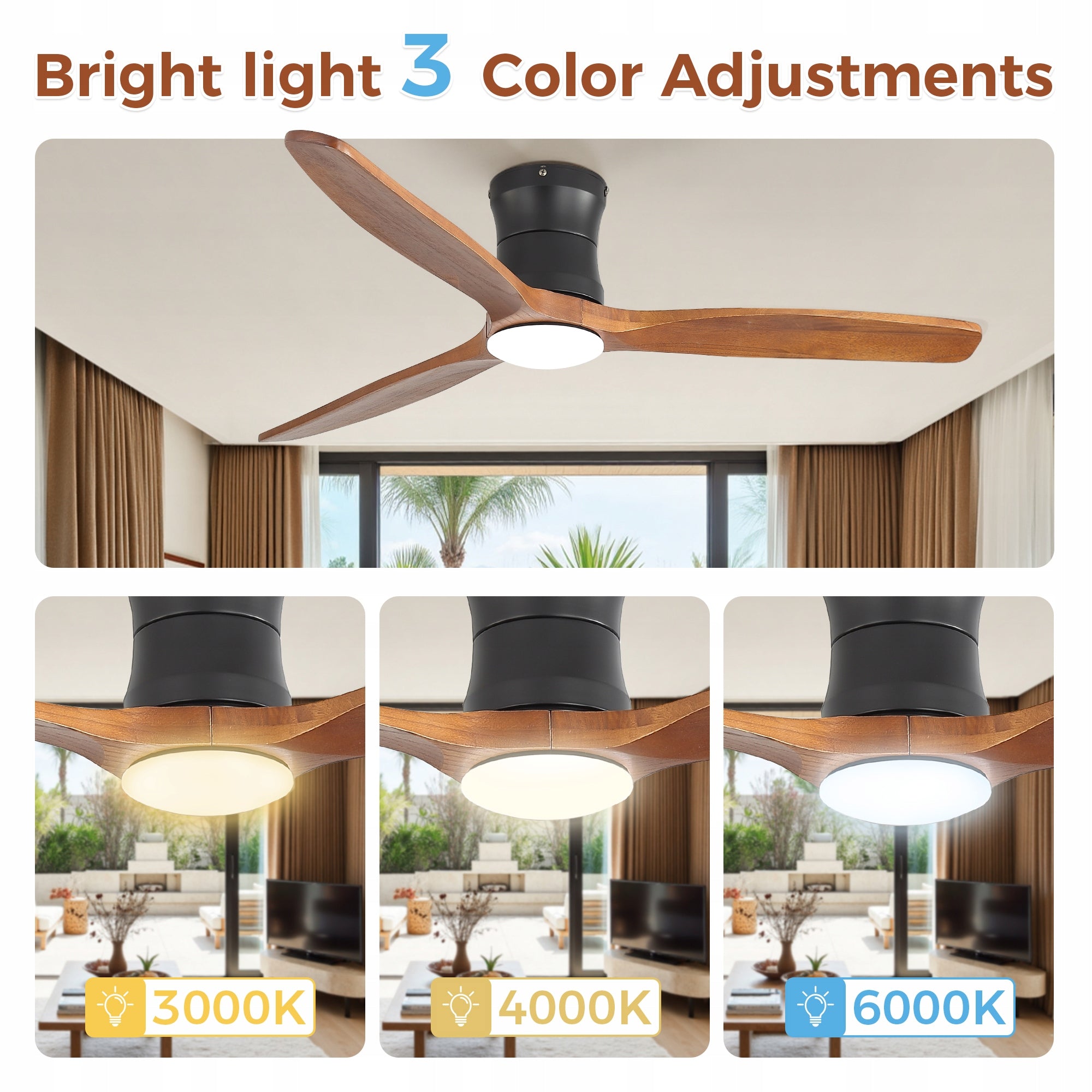 52 Inch Ceiling Fan with Lighting, 3 Solid Wood Blades Fan type ceiling