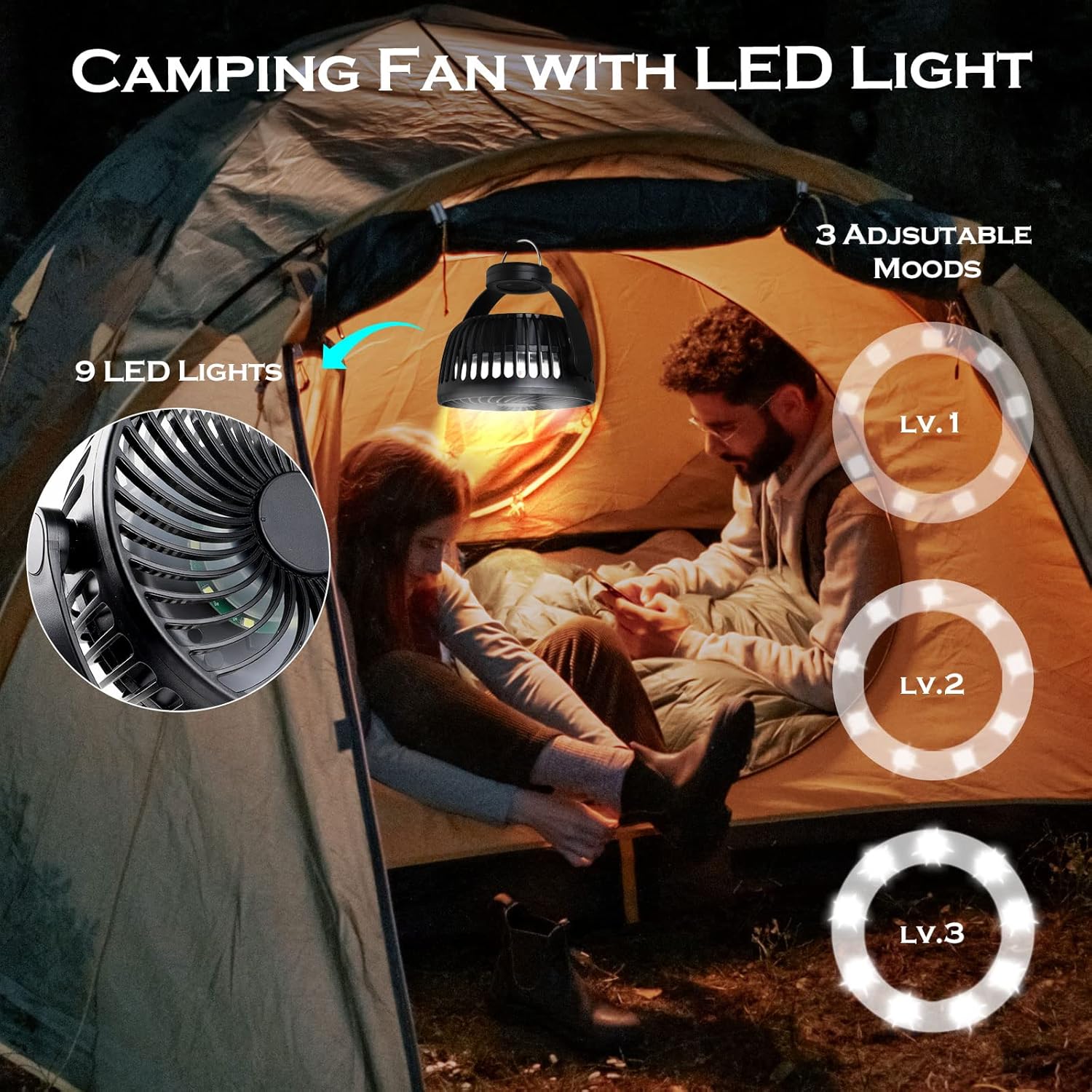 5200MAH LED 360° PORTABLE FAN FOR OFFICE TENT TROLLEY Model Hianjoo Wentylator do wózka dziecięcego z oświetle