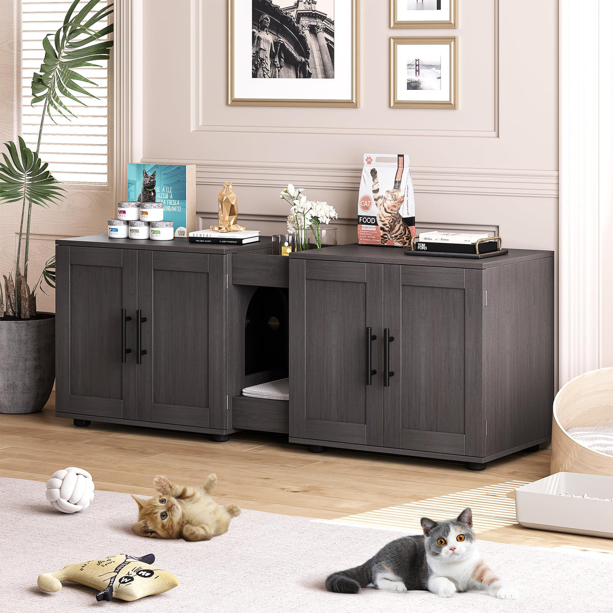 55" Double Room Cat Litter Box Enclosure for 2 Cats, Wooden Cabinet