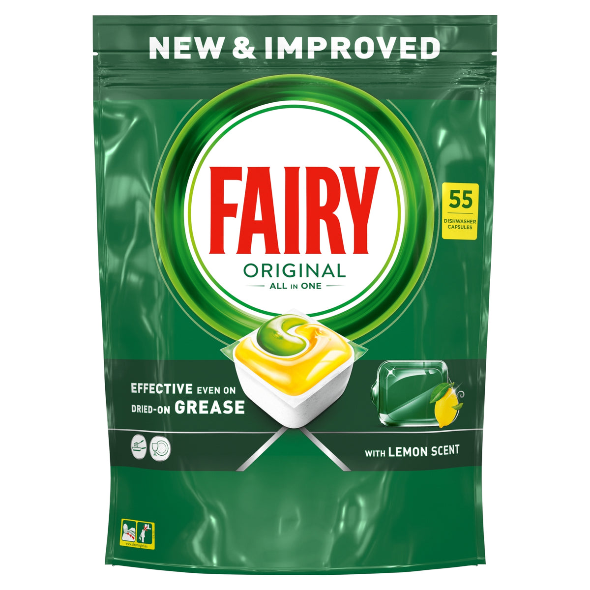 55x Fairy Capsules Lemon All In One Dishwasher Tablets for Silver Glass