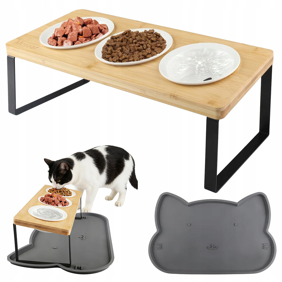 5IN1 PET FEEDING RACK SET WITH 3 CERAMIC BOWLS AND MAT
