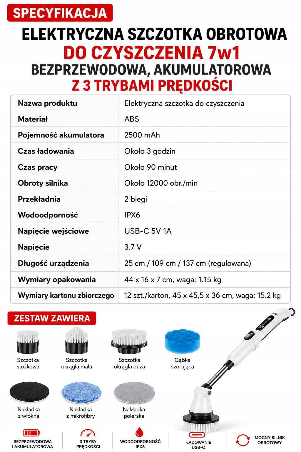 5IN1 WIRELESS ELECTRIC ROTARY GROUT CLEANING BRUSH Power 30 W