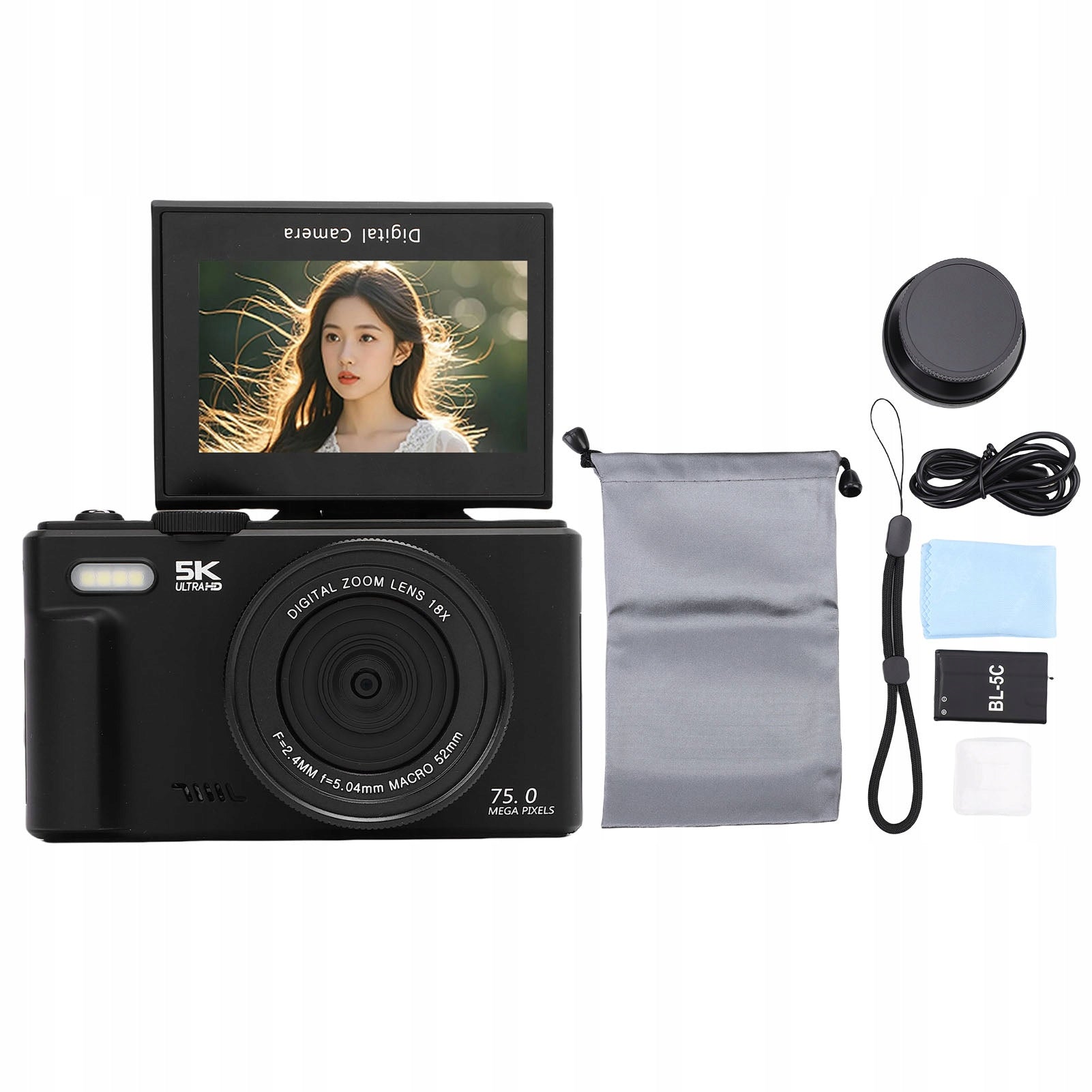 5K 75MP Digital Camera Wi-Fi 18x Zoom Selfie Travel with 3 Inches 180 NQ