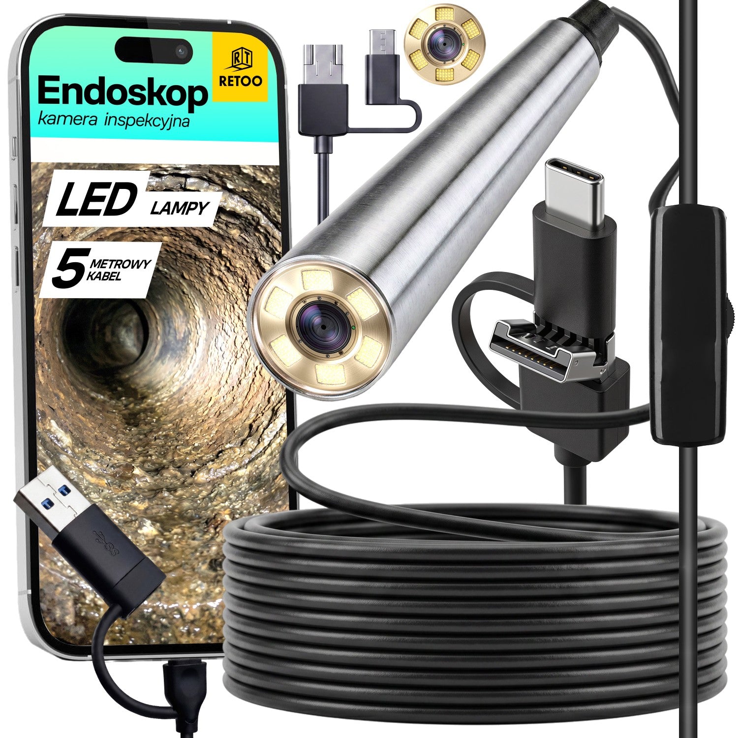 5M LED ENDOSCOPE INSPECTION CAMERA FOR USB-C PHONE 3in1 HD ANDROID PC IP67