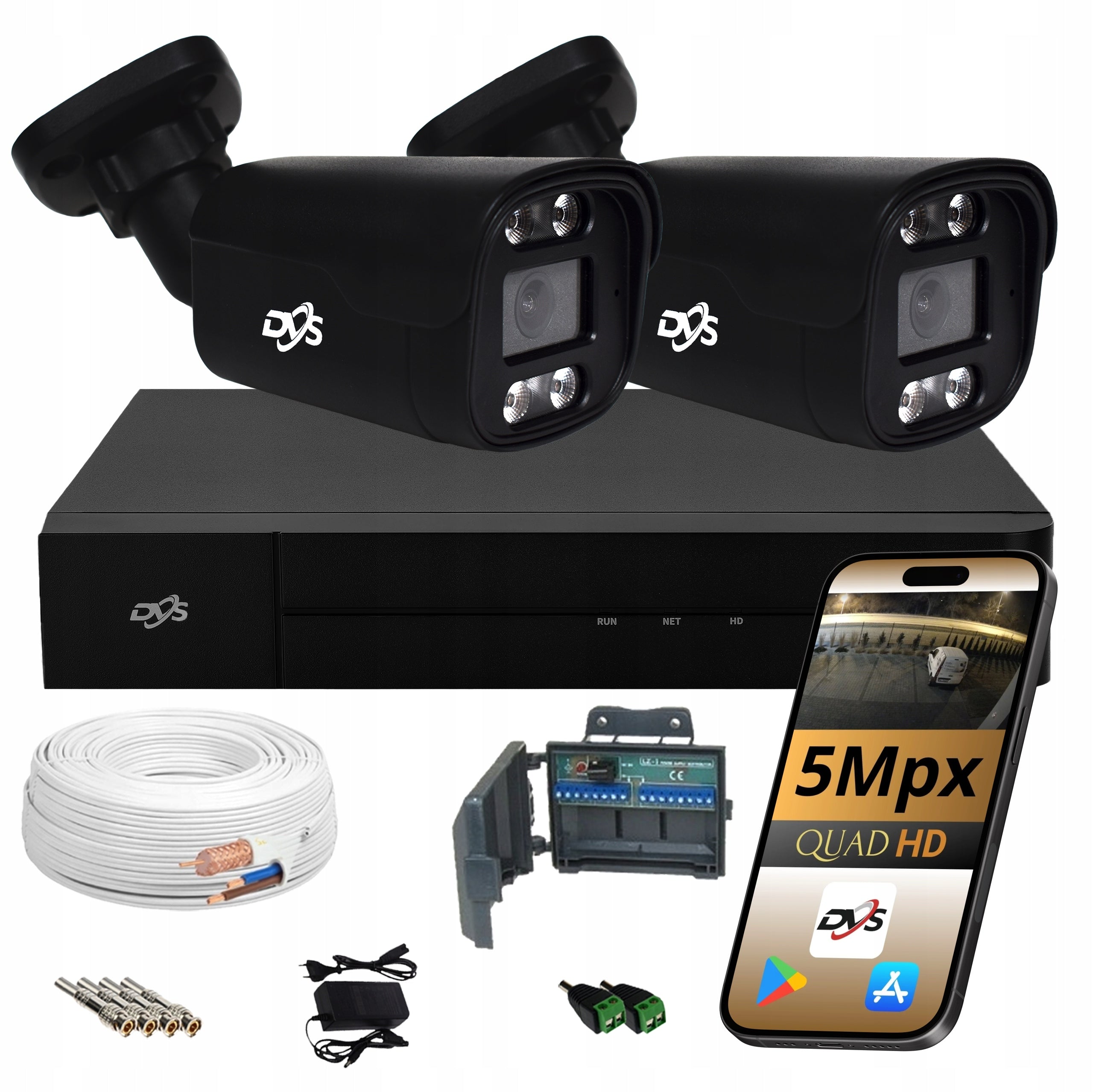 5MPX SURVEILLANCE KIT 2 ANALOG CAMERAS BLACK LED+IR REMOTE VIEW