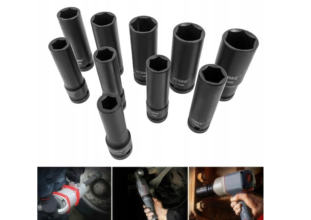 1/2" ilgi smūginiai galvutės raktai, 10–24 mm, rinkinys