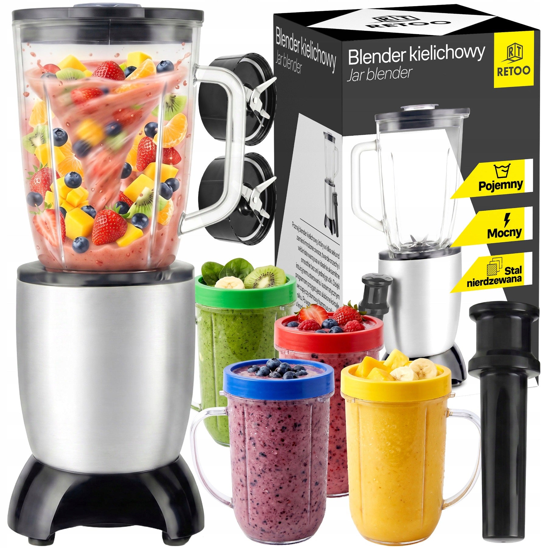 5in1 CUP BLENDER FOR SMOOTHIE COCKTAILS 1L + 4X CUPS 250W STAINLESS STEEL