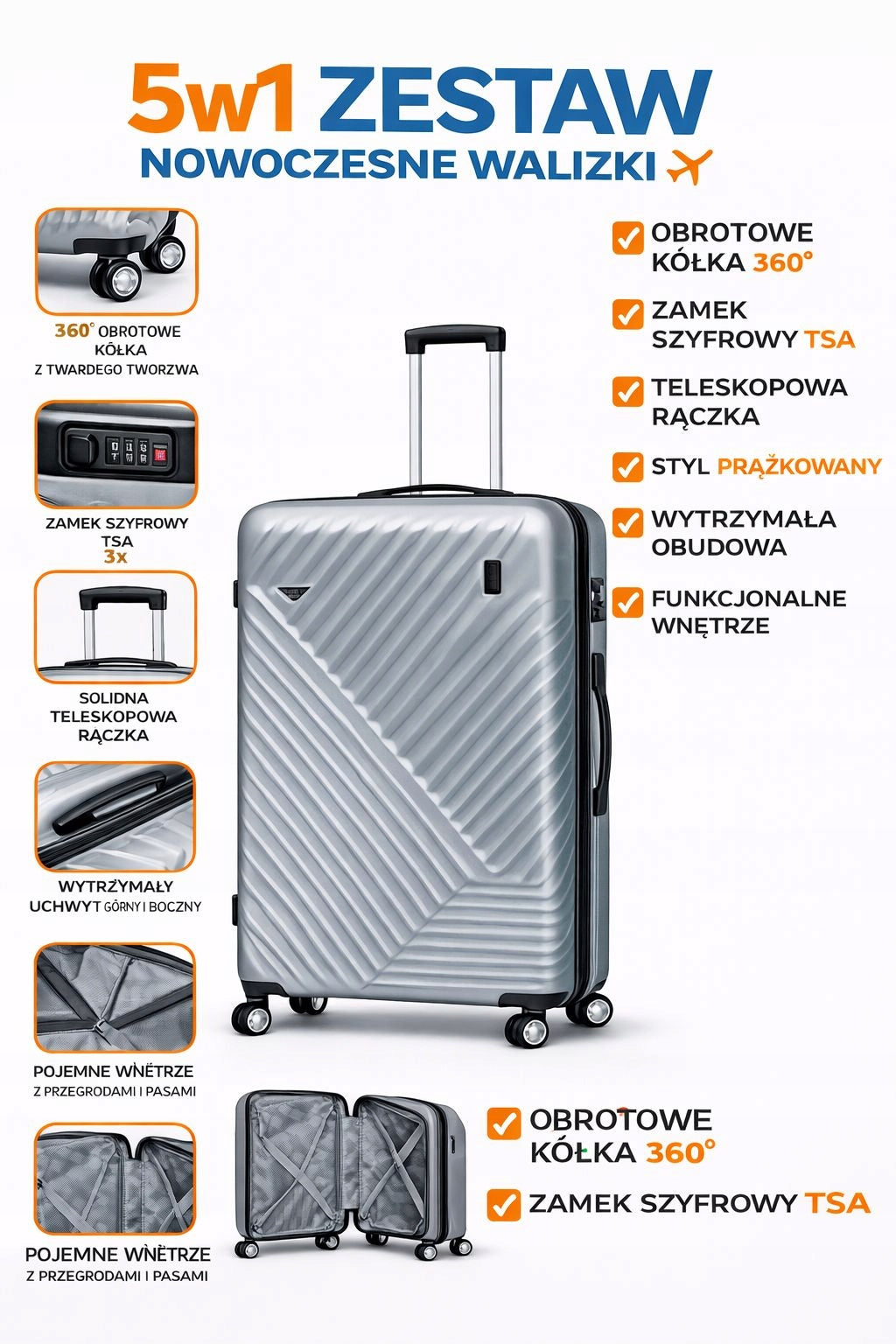 5in1 TRAVEL SUITCASE SET – SILVER LUXURY SET ON WHEELS Manufacturer code 30151