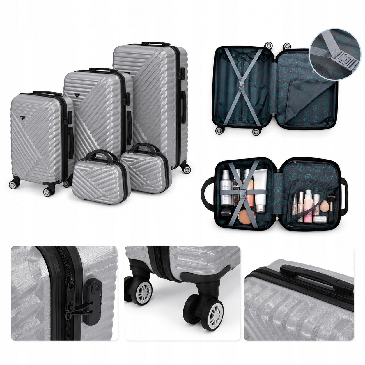 5in1 TRAVEL SUITCASE SET – SILVER LUXURY SET ON WHEELS