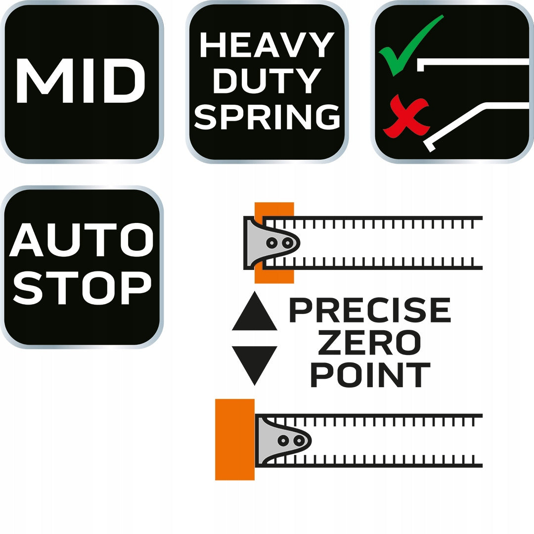 5m x 25mm steel roll-up measure, auto lock, two stop buttons Manufacturer code 67-223