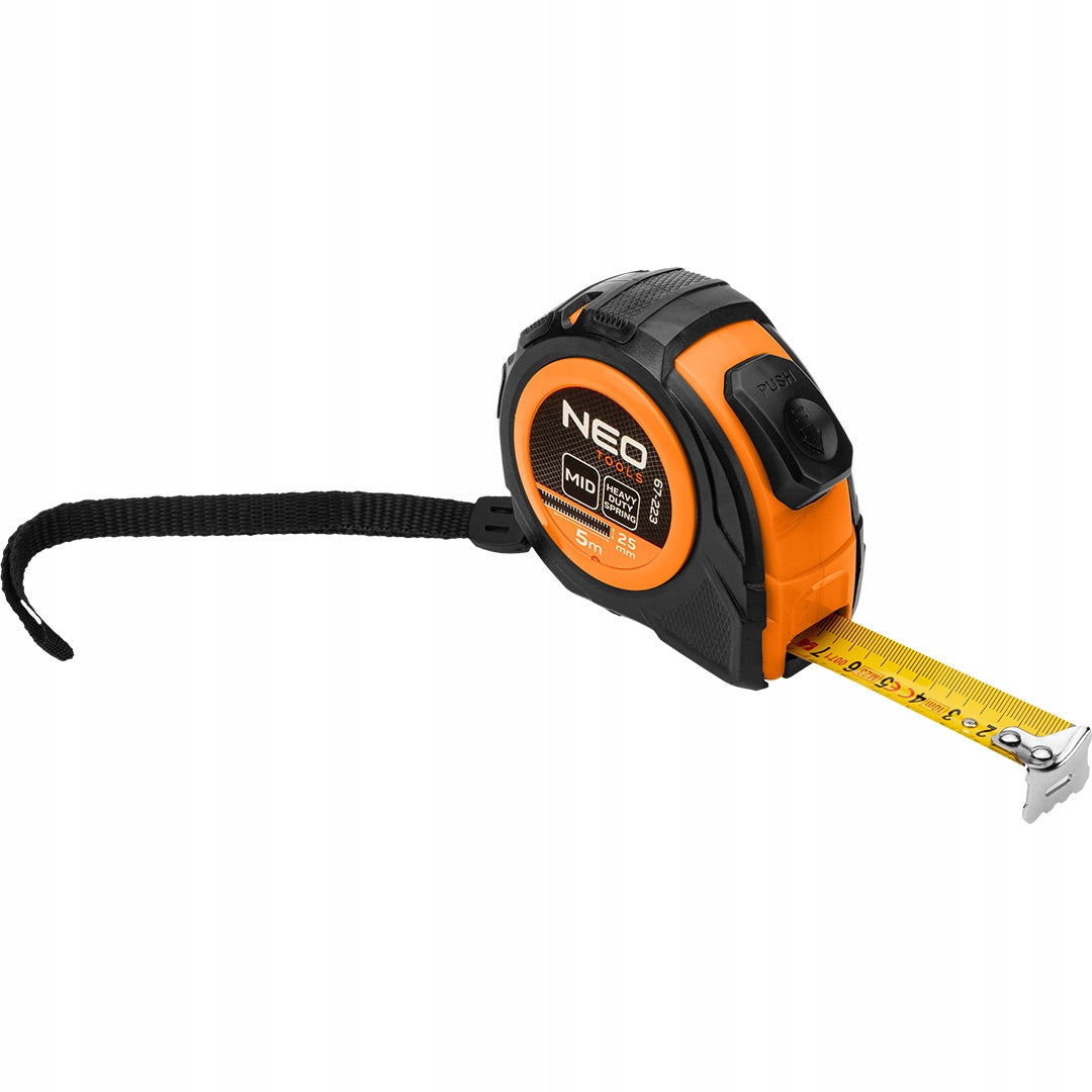 5m x 25mm steel roll-up measure, auto lock, two stop buttons