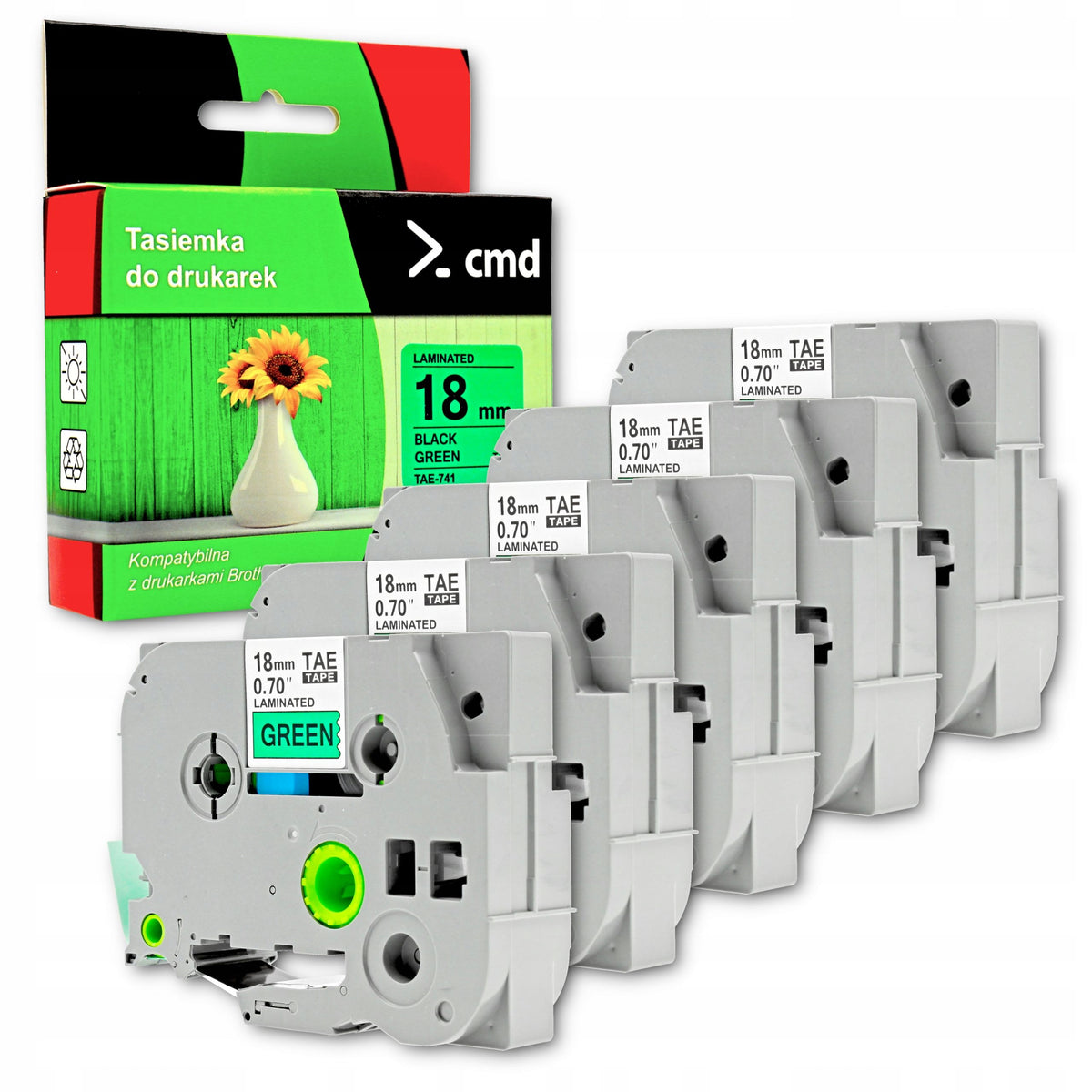 5x TAPE TZe-741 TZ-741 TAe-741 FOR BROTHER GREEN BLACK PRINT 18mm 8m