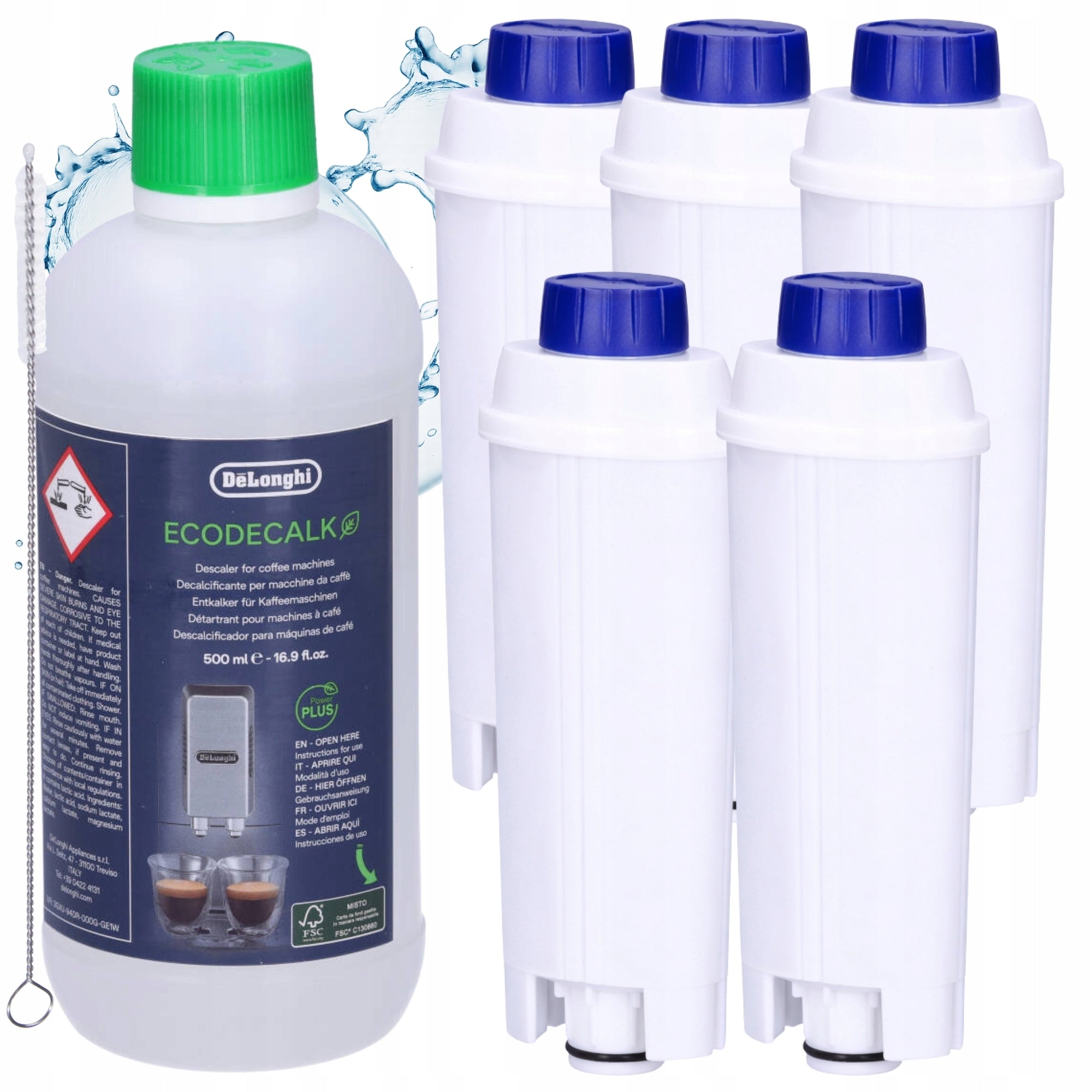 5x WATER FILTER for DELONGHI and DESCALER 500ml care set