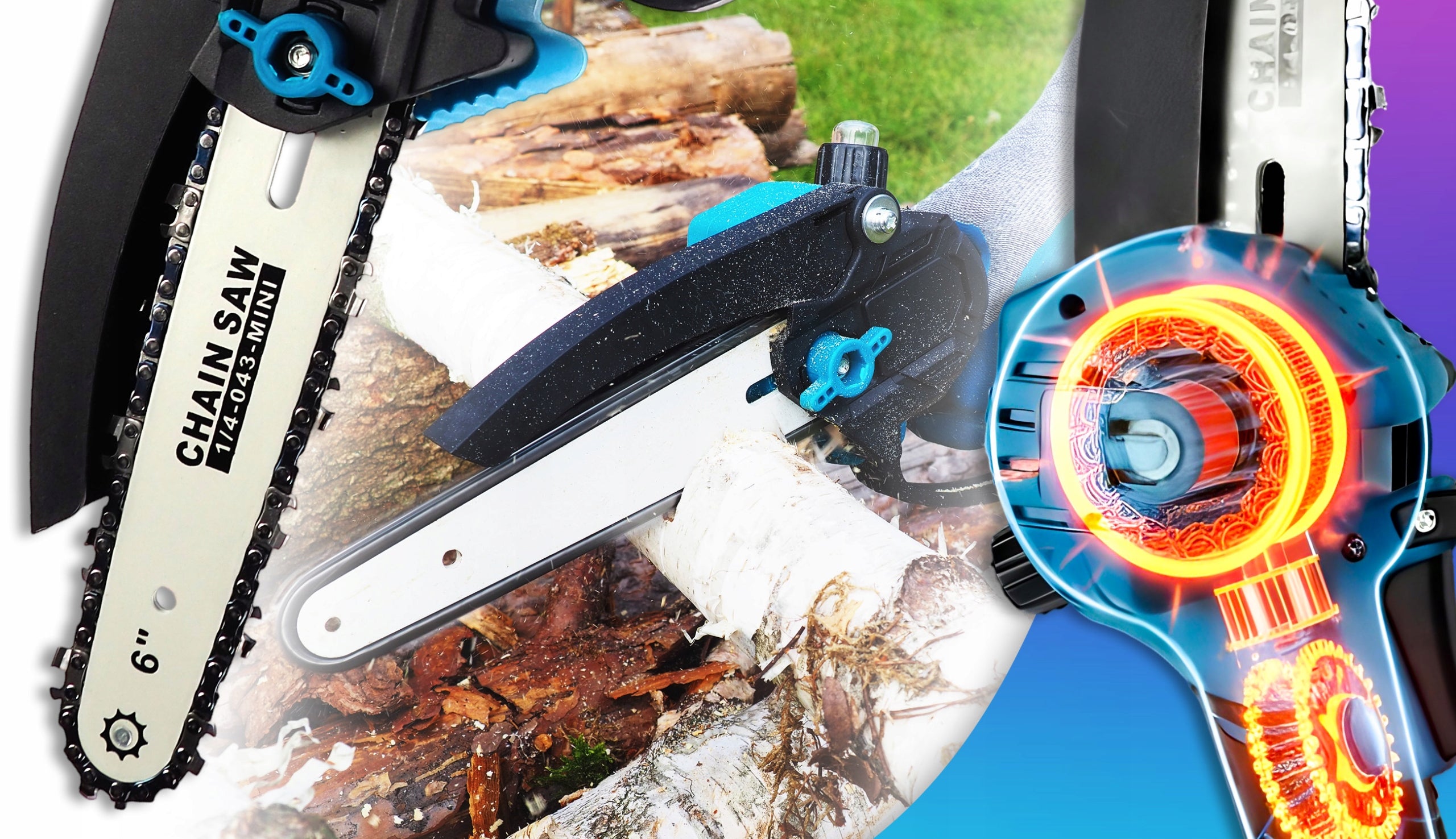 6" 8" CORDLESS ELECTRIC CHAINSAW FOR BRANCHES + 2x AKU 13000mAh Power supply rechargeable battery